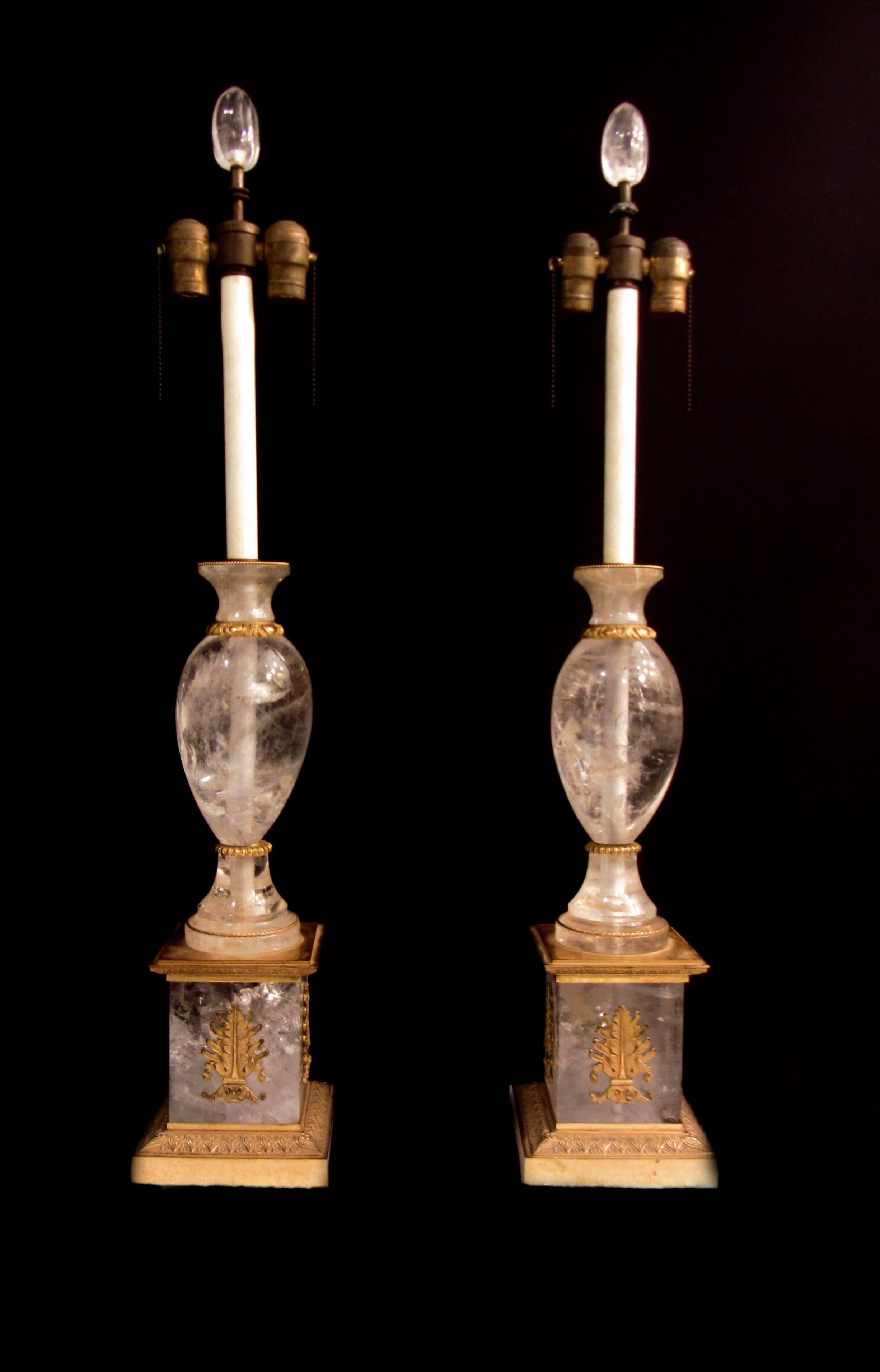 20th Century Pair of Antique French Empire Style Rock Crystal Table Lamps