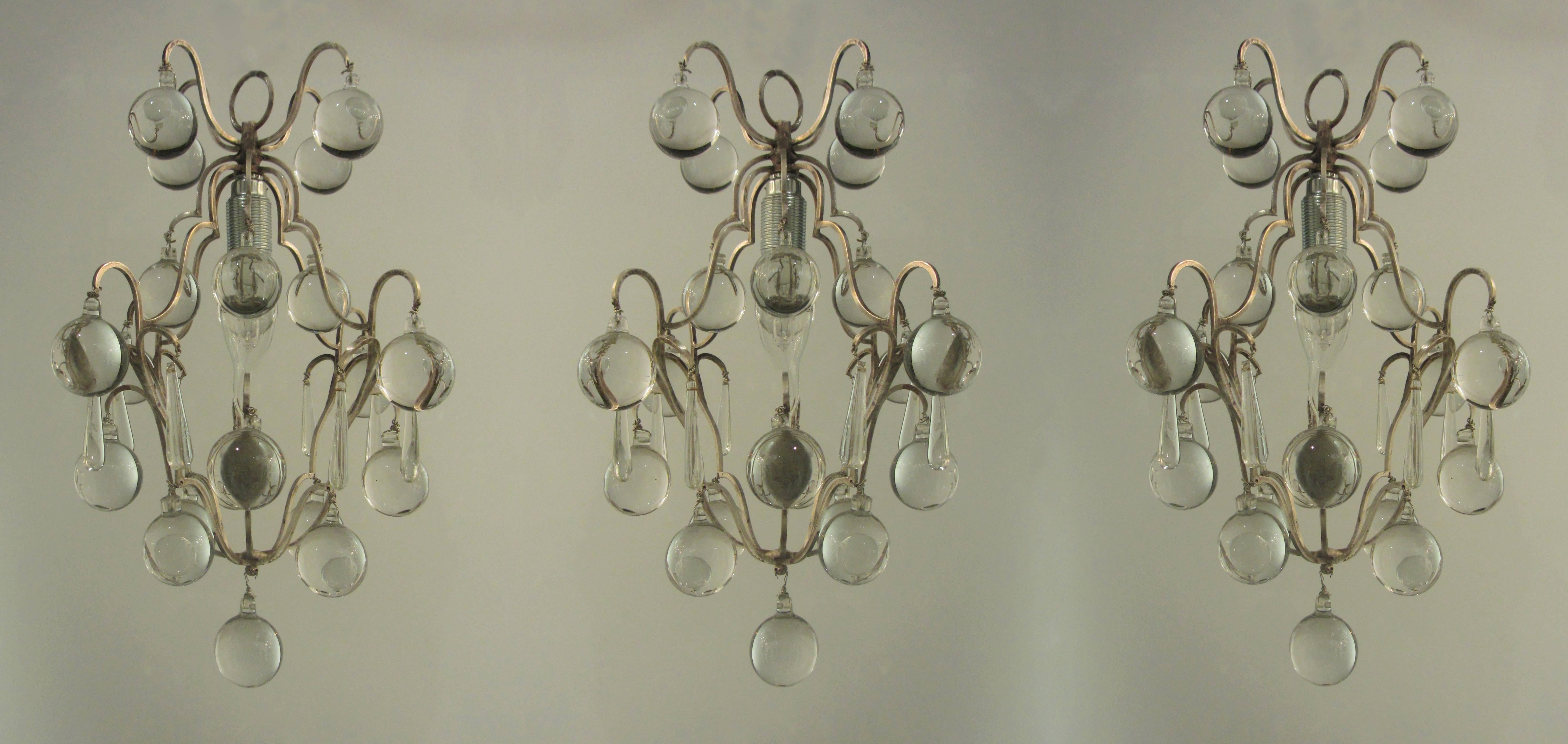 Bronze Set of Three Small, Unusual 'Ball' Drop Chandeliers