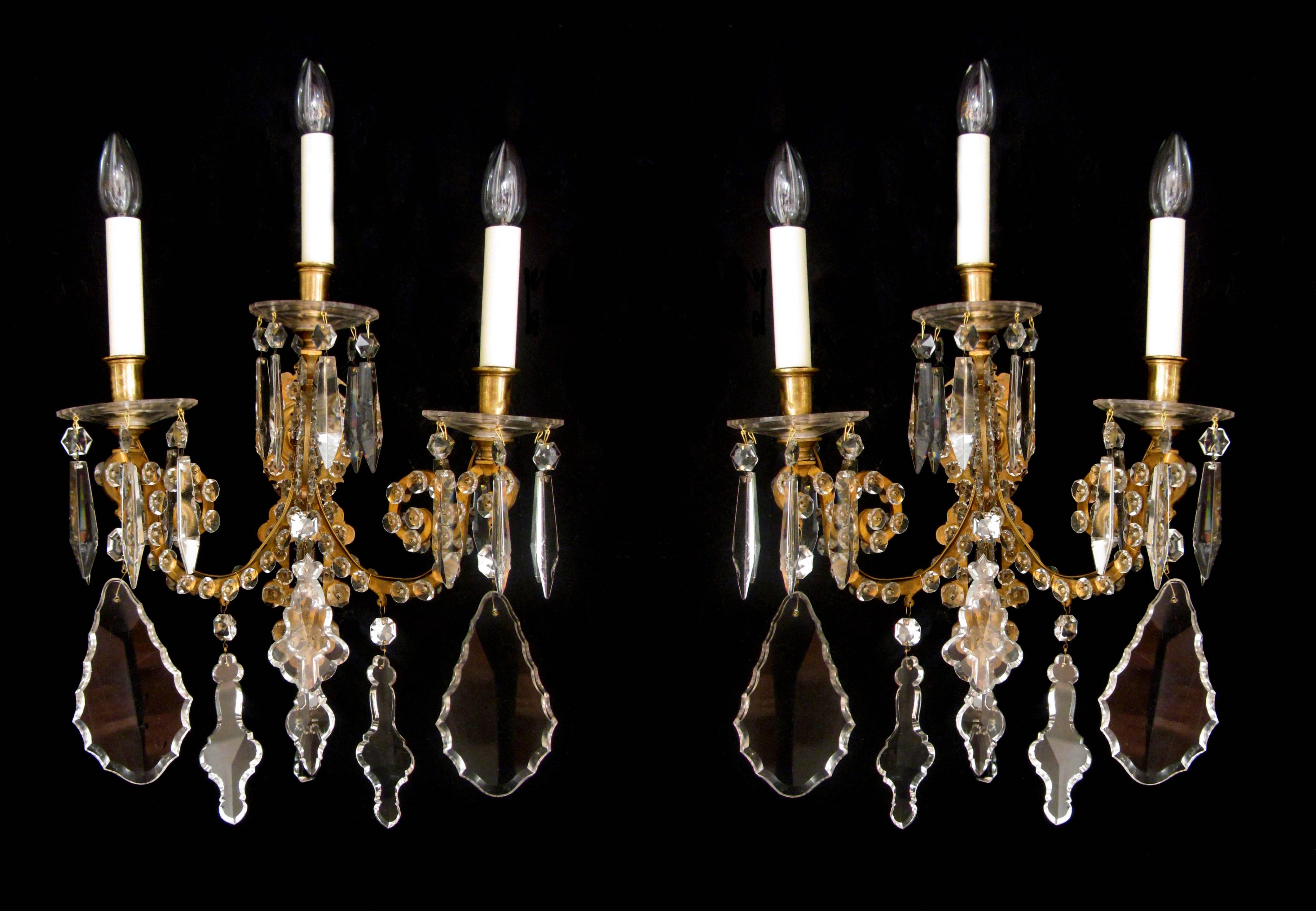 French Large Pair of Cut Glass Three-Arm Wall Lights For Sale