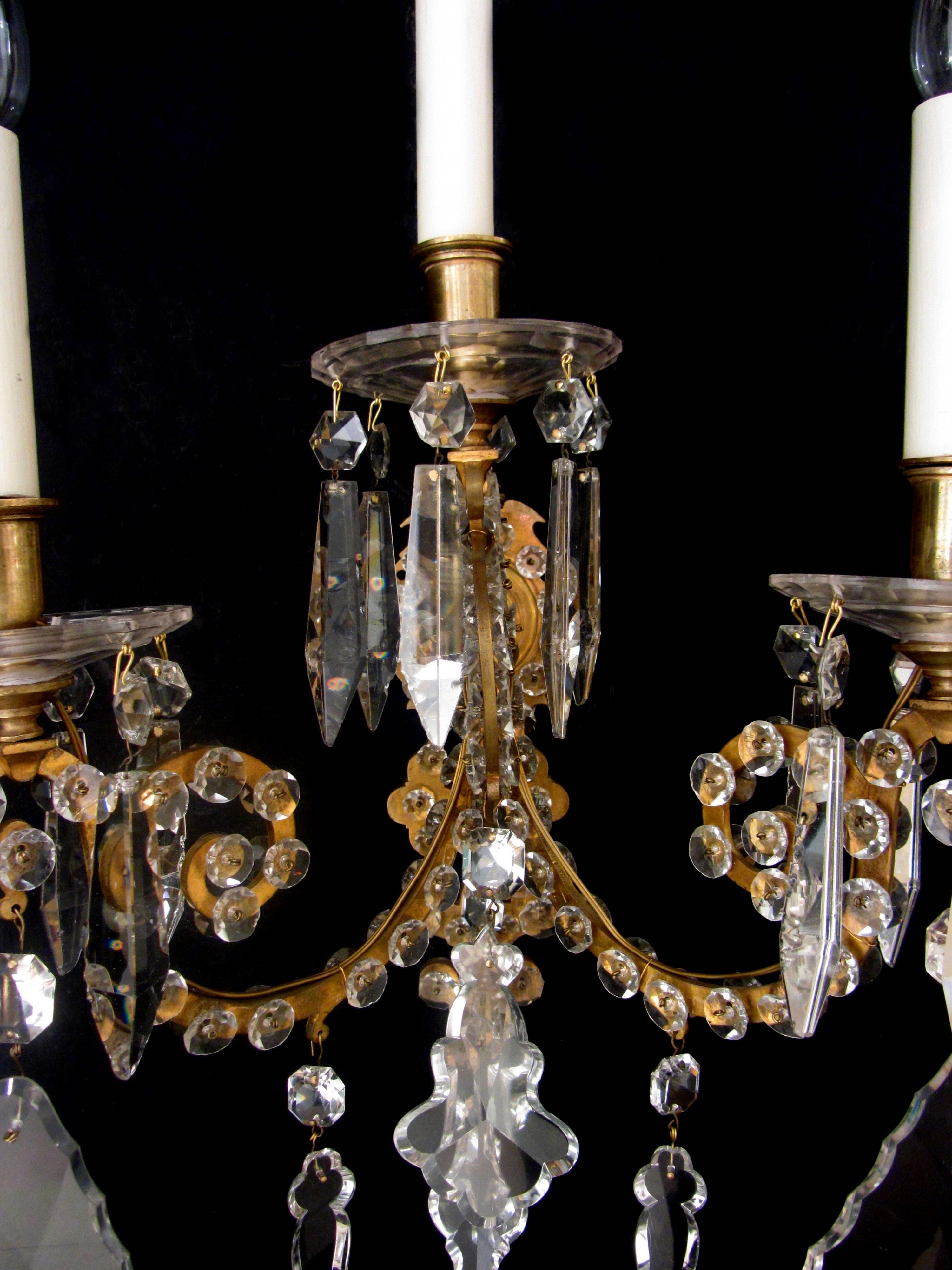 Large Pair of Cut Glass Three-Arm Wall Lights In Good Condition For Sale In London, GB