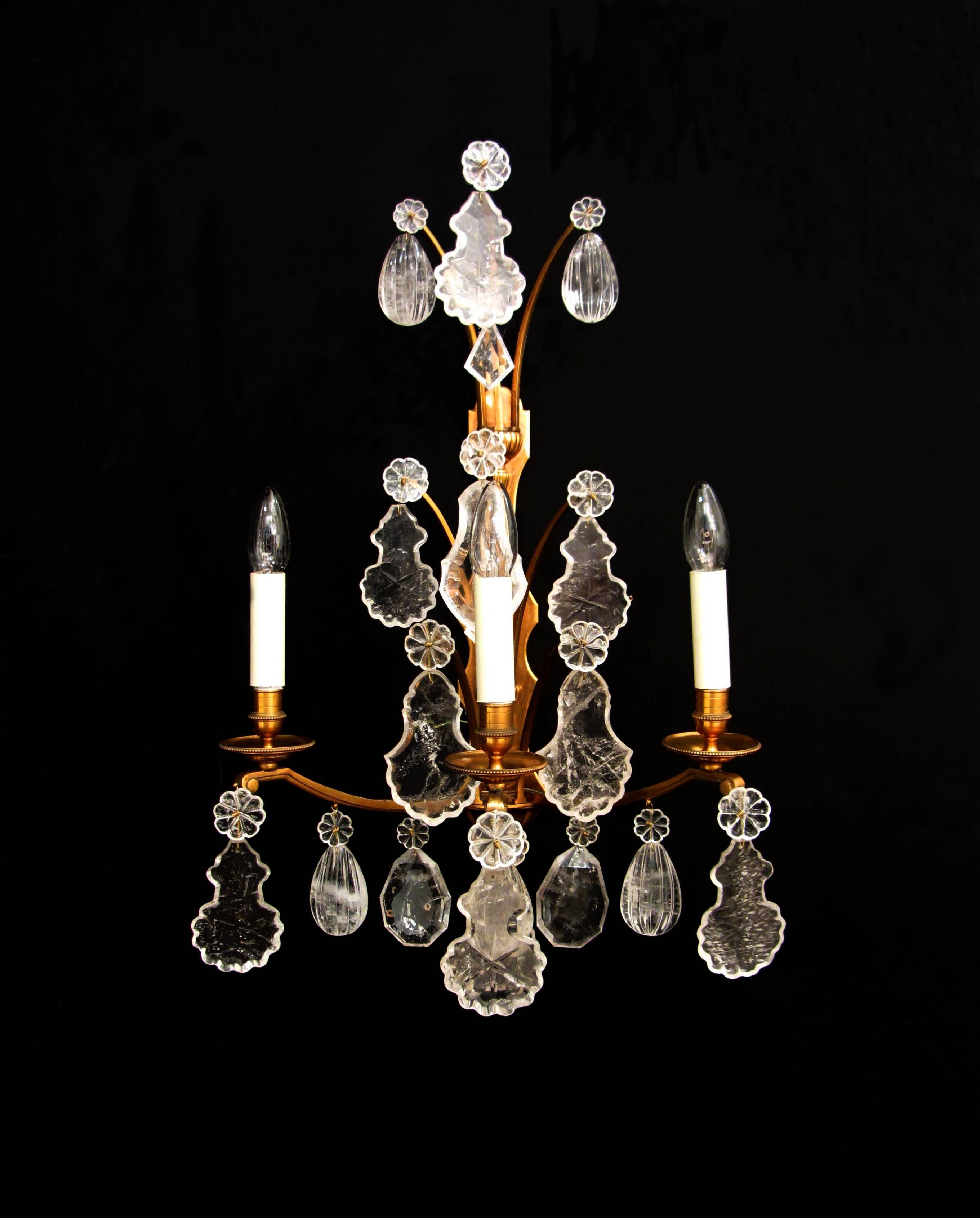 Carved Pair of Rock Crystal Wall Lights For Sale