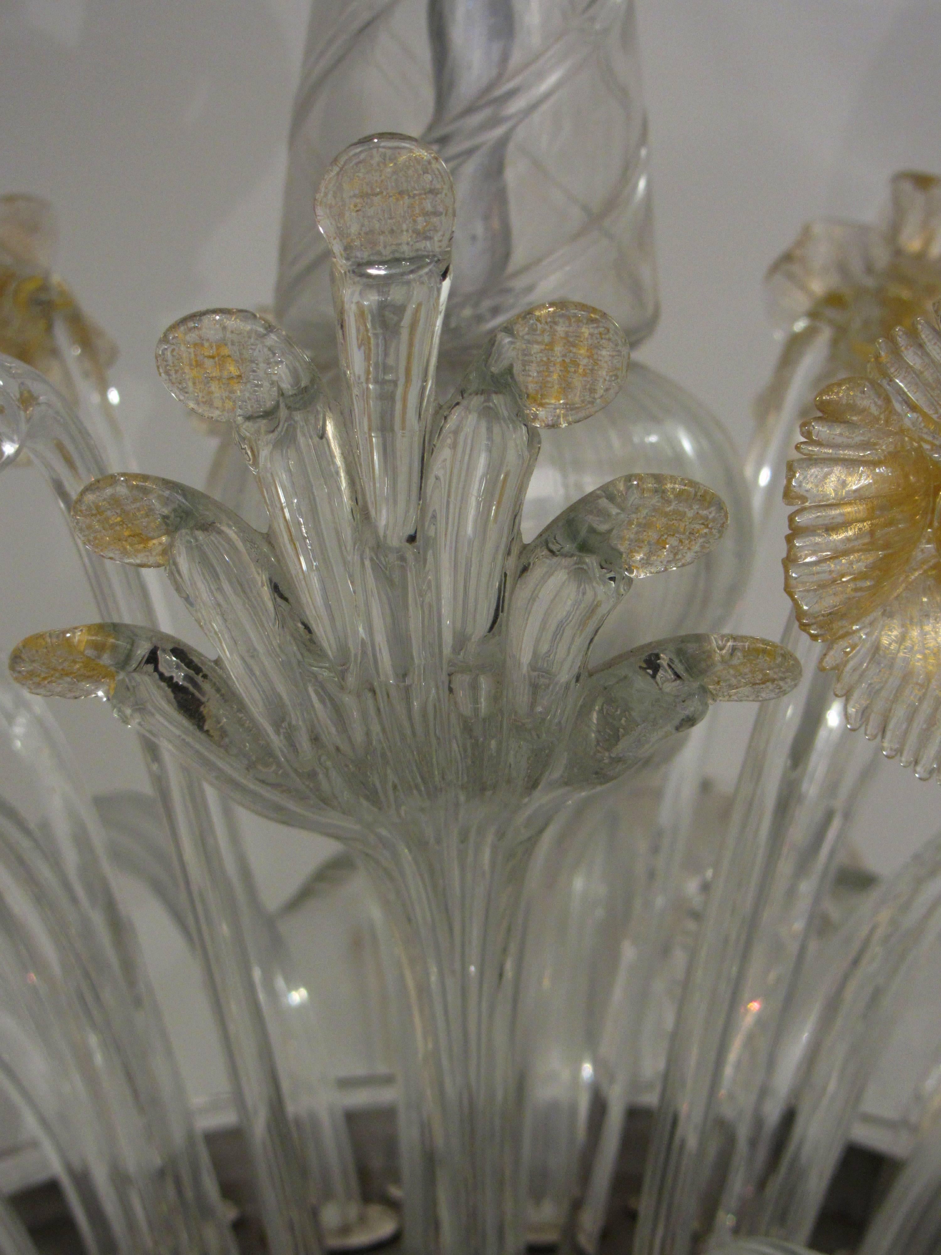 A large and exquisite twelve-arm Murano glass chandelier. Beautifully decorated with handblown glass dandelions, flower bells and scrolling leaves. The elements are accented with 24-karat gold leaf, circa 1930.

 

Can be professionally wired