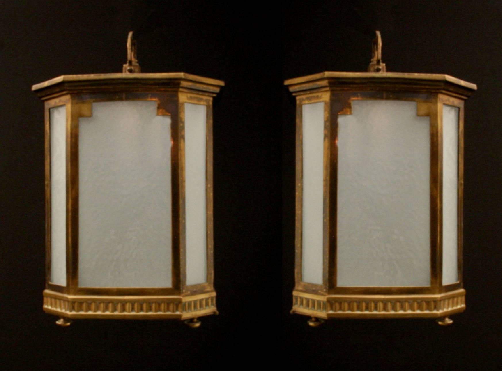 Early 20th Century A pair of Art Deco Frosted Glass and Bronze Lanterns