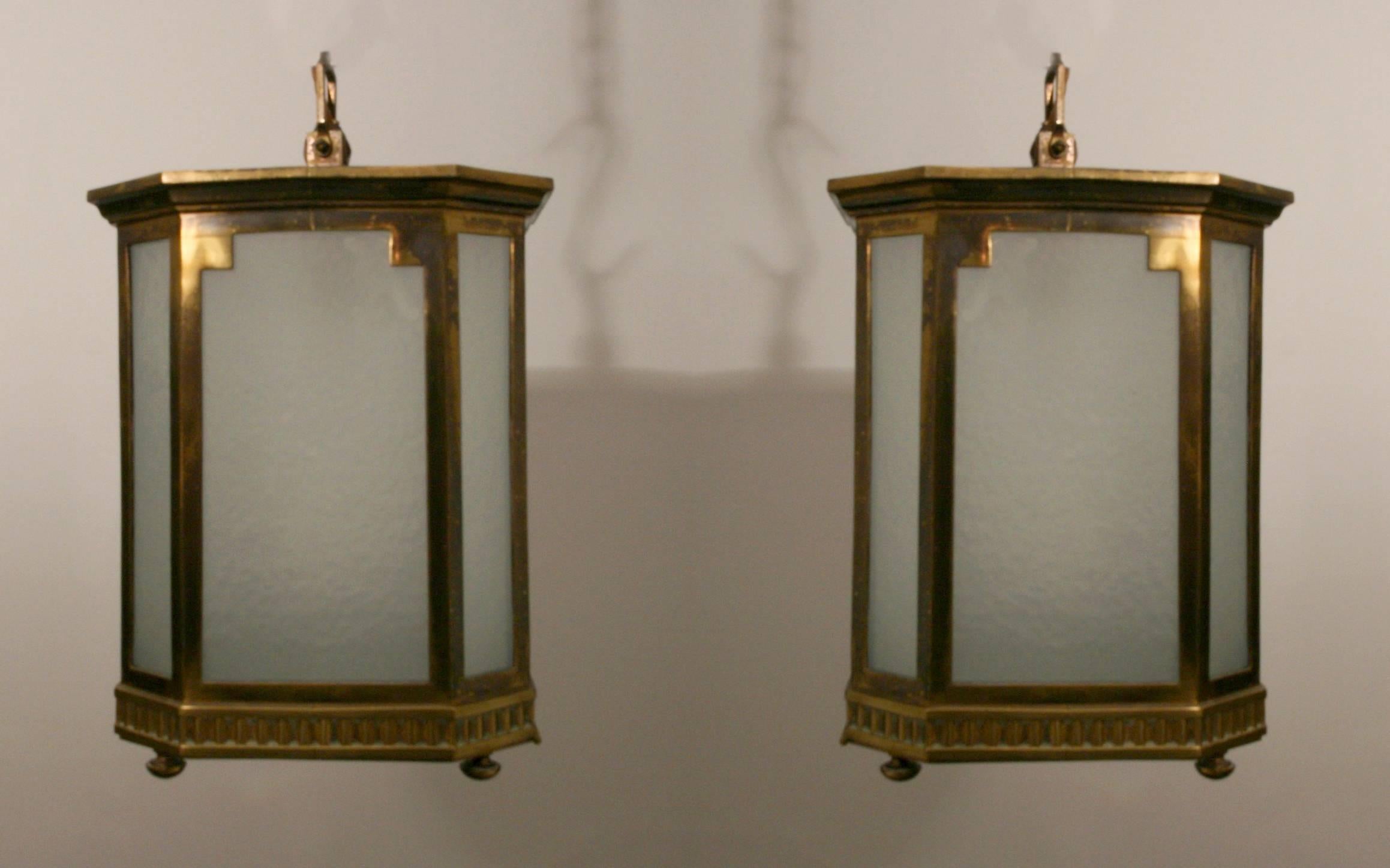 A pair of Art Deco Frosted Glass and Bronze Lanterns 1