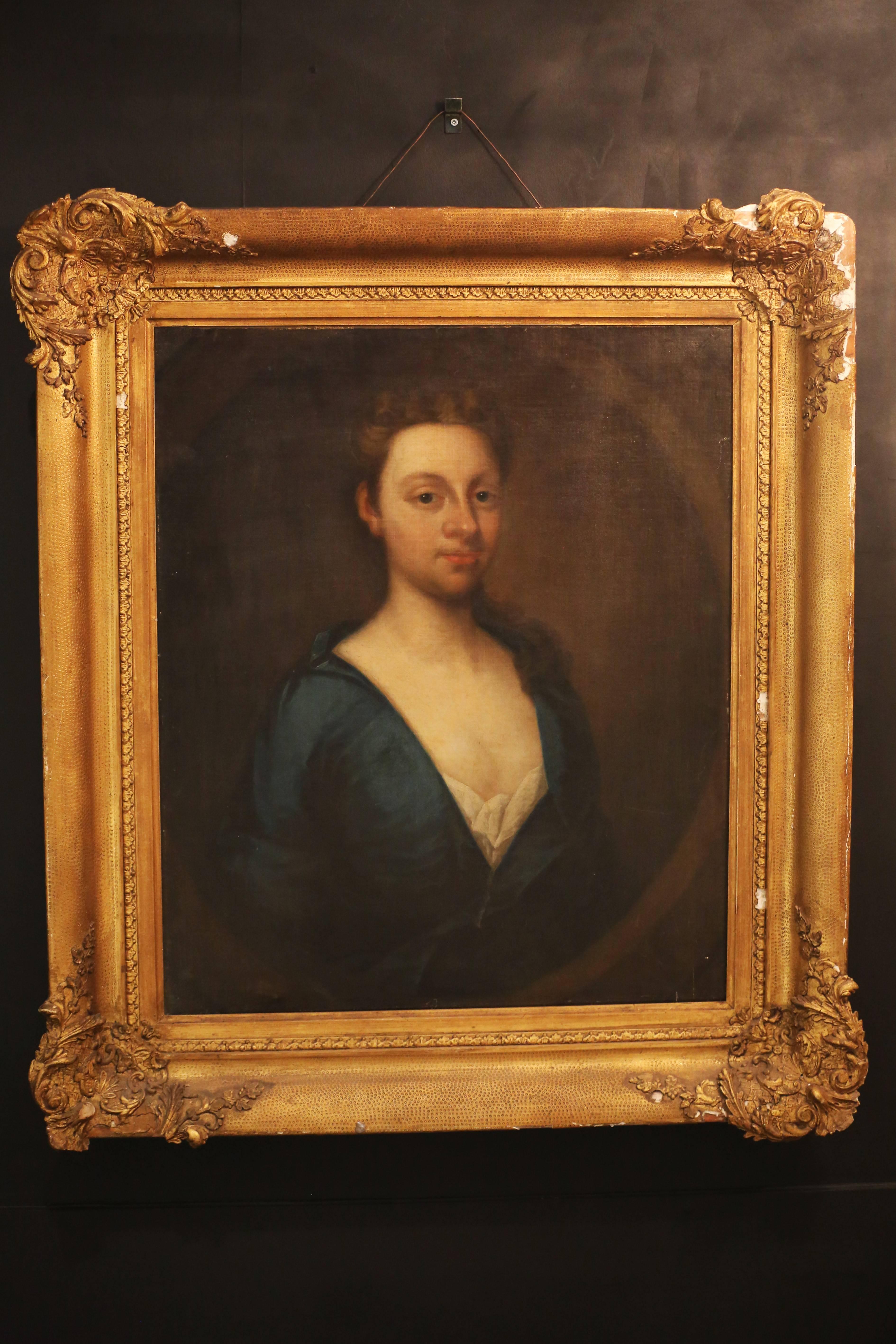 Carved 18th Century Oil Painting of a Lady For Sale