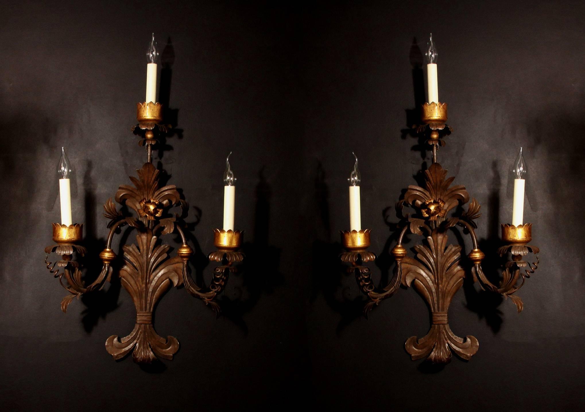 Gold Leaf Large Pair of Italian, 19th Century Tole Wall Lights For Sale