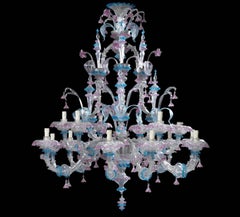 Pair of Venetian Clear, Pink and Blue Colored Glass Fifteen-Light Chandeliers