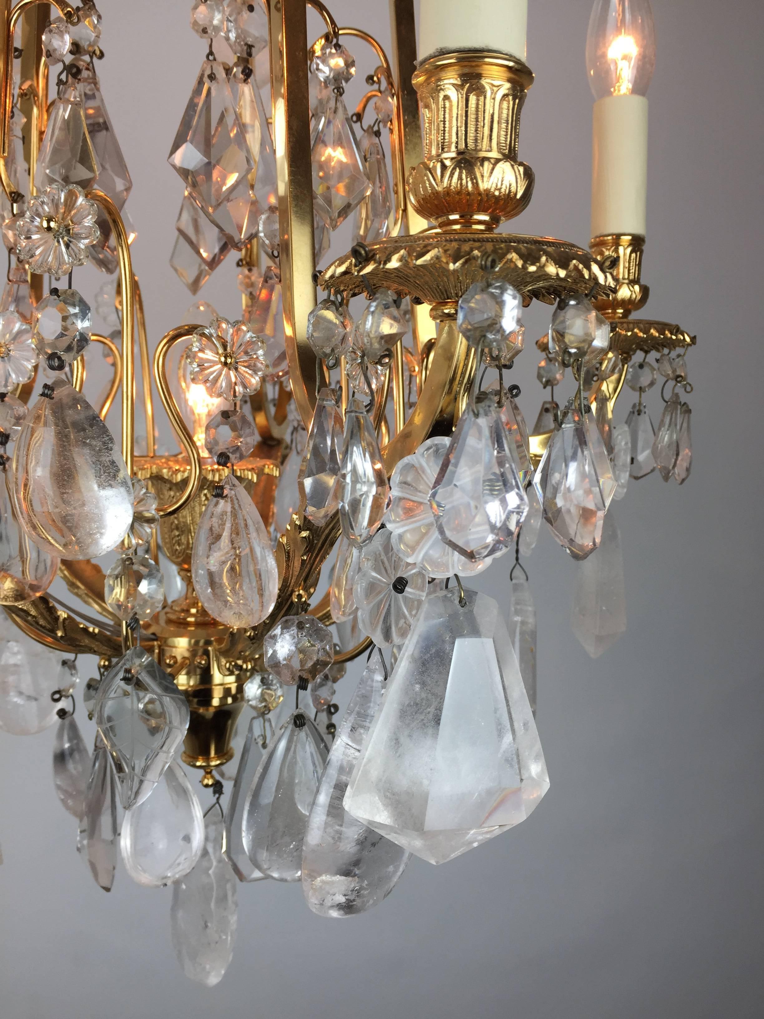 Hand-Crafted Pair of French 22-Carat Gold-Plated and Rock Crystal Adorned Chandeliers For Sale