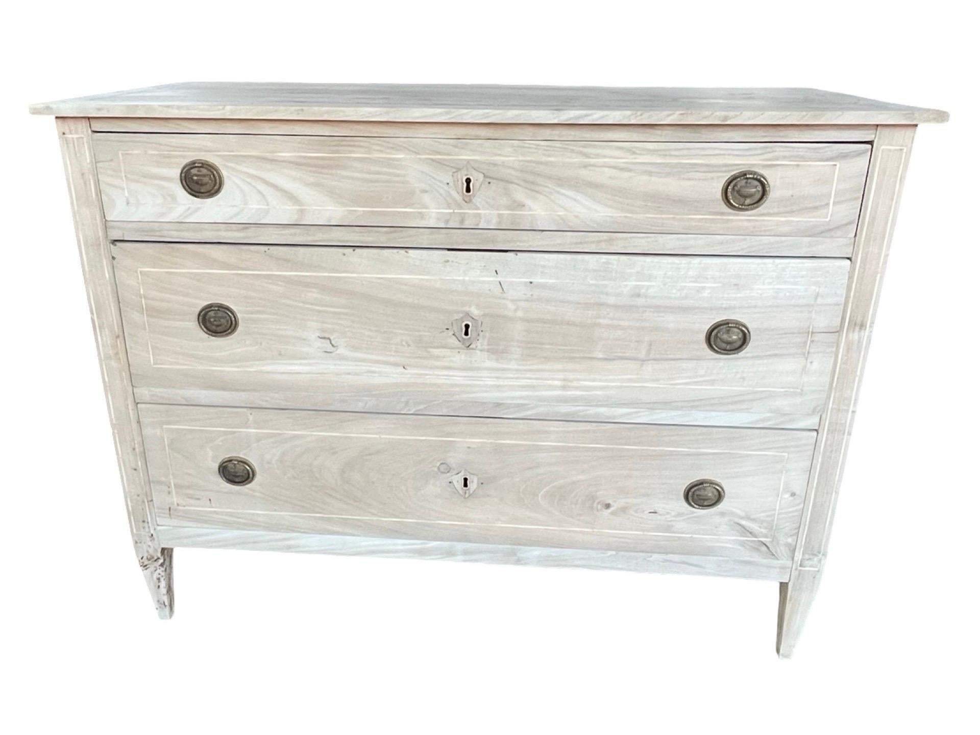 Hand-Crafted 18th Century Italian Neoclassical Bleached Cherry Commode With Inlay For Sale