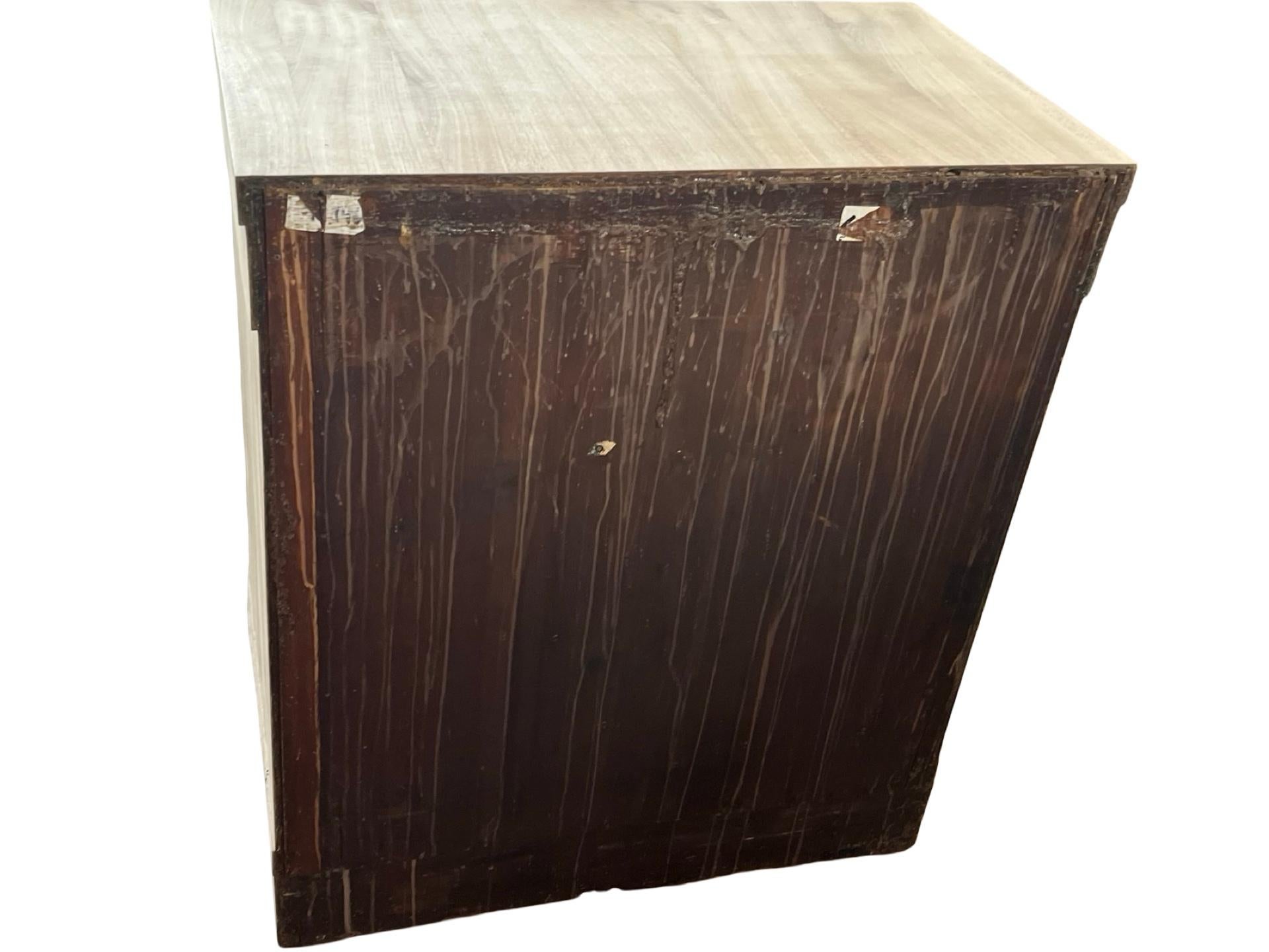 Biedermeier chest of drawers hand-made in Denmark in the early 1800s using pine and decorated with book-matched mahogany veneer. The chest is very simple in lines and looks modern due to the bleaching of the wood, nevertheless it is an antique and
