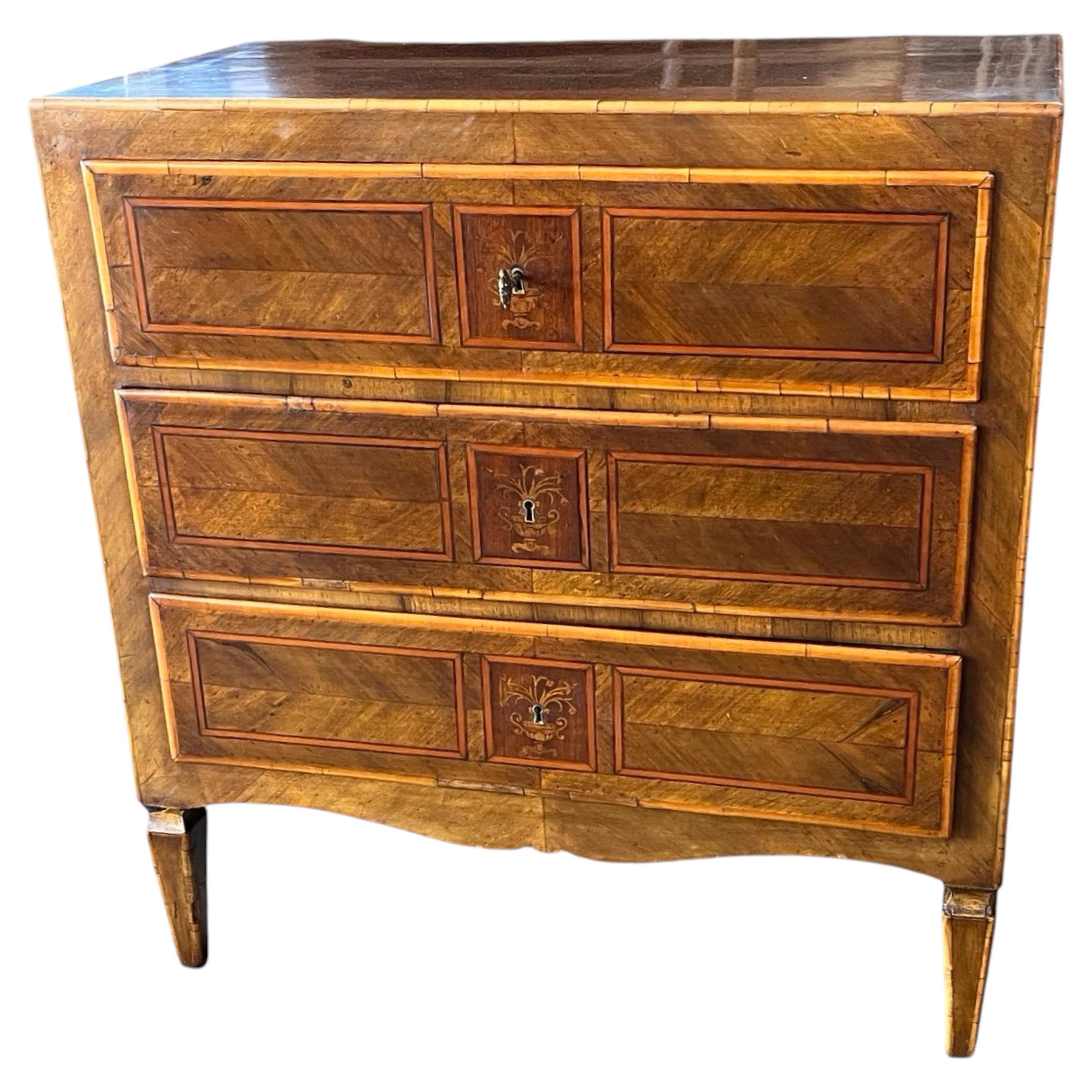 Italian Small Neoclassical Three-Drawer Walnut Commode/ Chest For Sale