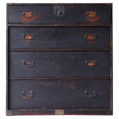 Tiroir de rangement noir ancien japonais 1860s-1900s / Tansu Sideboard Wabi Sabi