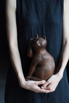 Japanese Antique Folk Art Maneki Neko Sculpture 1920s-1940s / Primitive Wabisabi