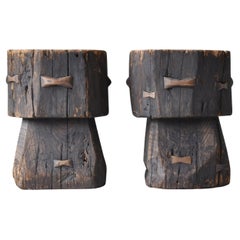 Pair of Japanese Primitive Wood Stools 1930s–1950s / Pedestal Wabisabi