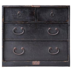 Japanese Antique Black Small Tansu Chest of Drawers 1860s-1920s / Wabisabi