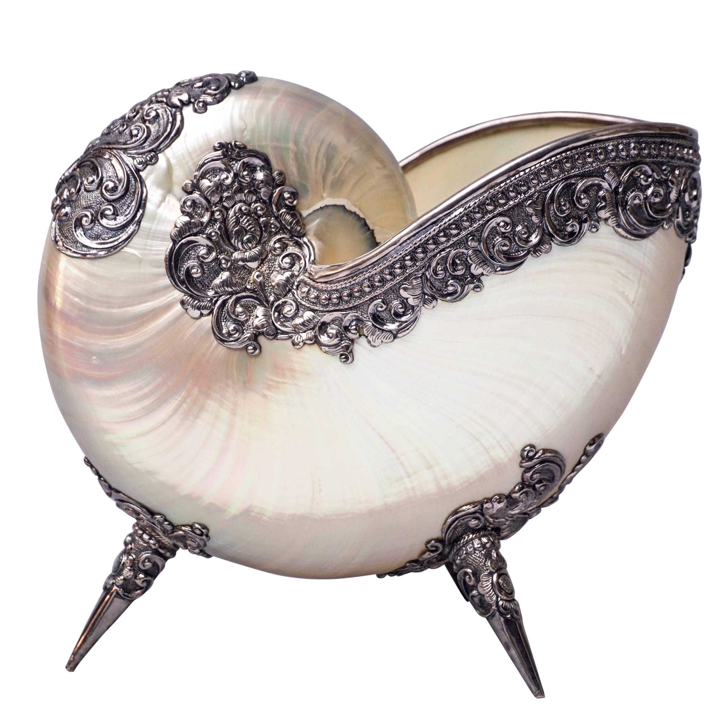 Large Pearlescent Nautilus Shell with Repoussé Silver