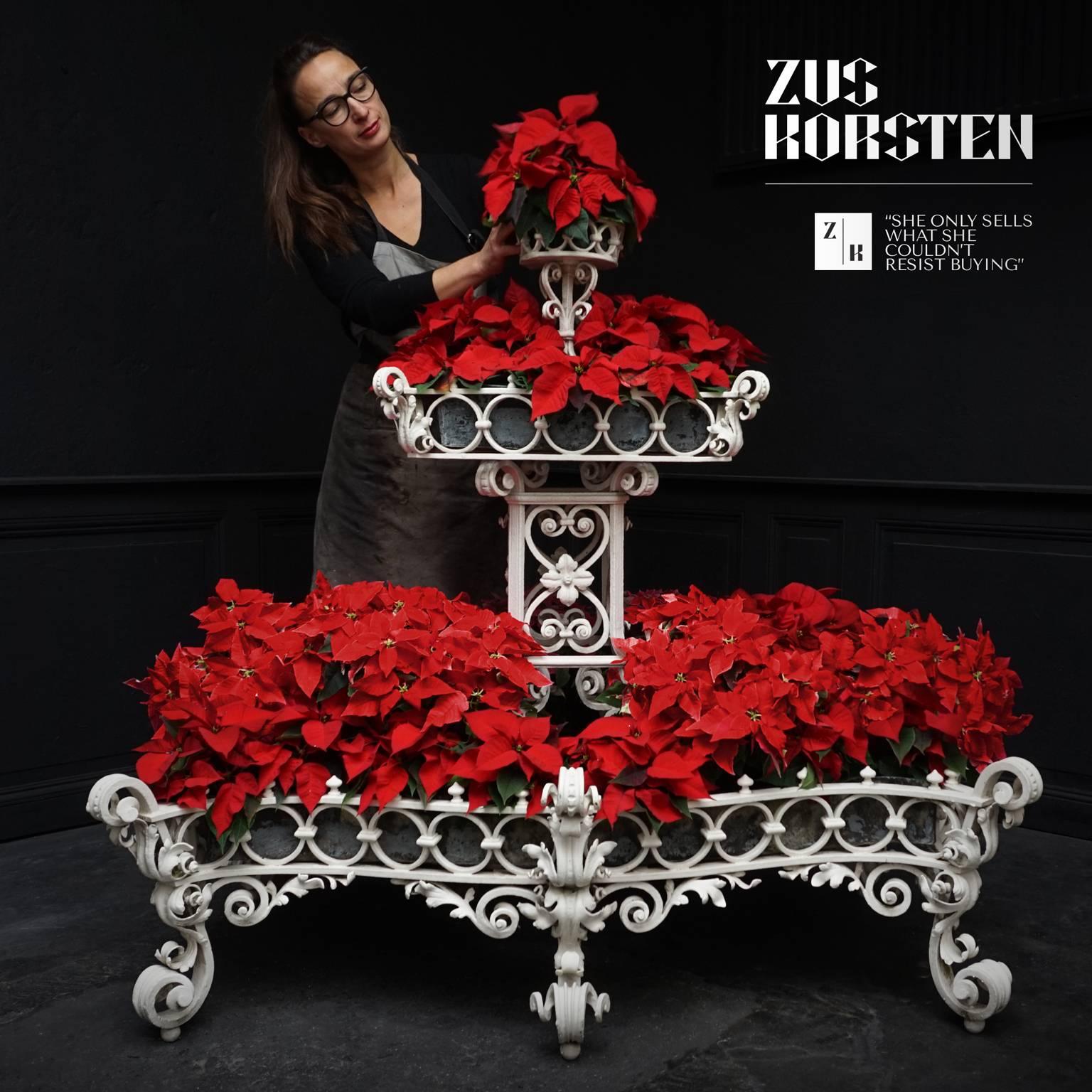 Beautiful shaped large flower etagere. 
Look how pretty this looks filled with bright red Poinsettia, this would be a great Christmas decoration.
But of course this looks great all year round with any seasonal plant or flower.
It has three layers in
