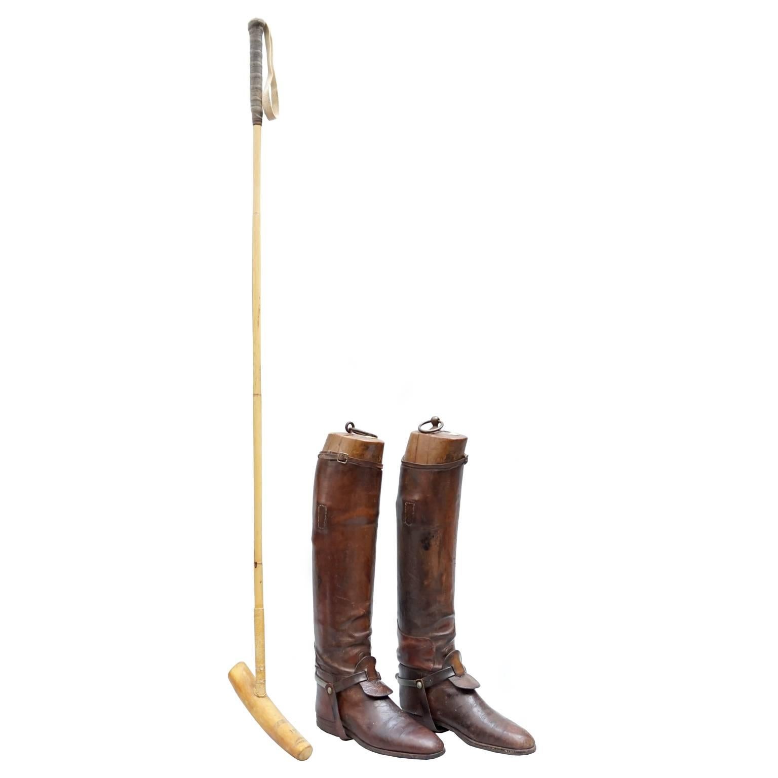 This pair of weathered Polo Riding Boots have a great look to them. They come with Boot Trees marked Tristram, Calcutta. To complete this Polo set it comes with a Bamboo Polo Mallet no. 51 by J. Salter & Sons Polo Specialists Aldershot