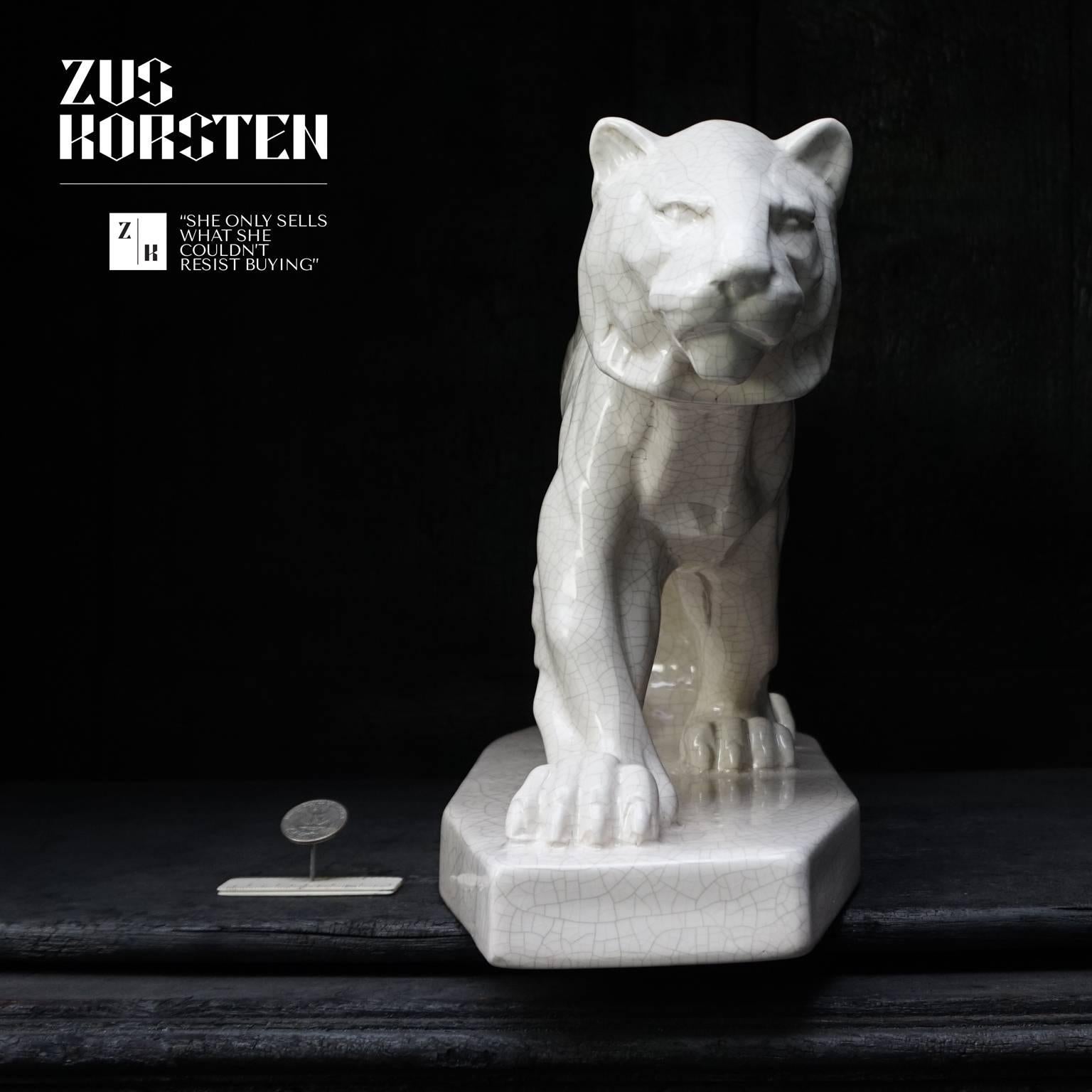 Vernissé Émaux de Longwy Sculpture tigre émaillée craquelée
