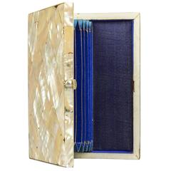 19th Century English Victorian Mother of Pearl Card Case with Blue Silk Interior