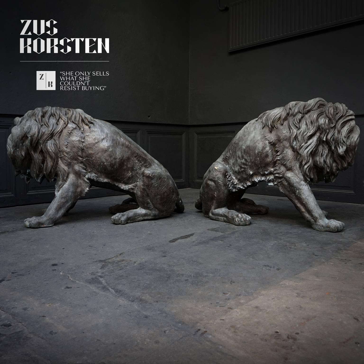 Pair of Almost Lifesize Cast Bronze Lion Statues 2