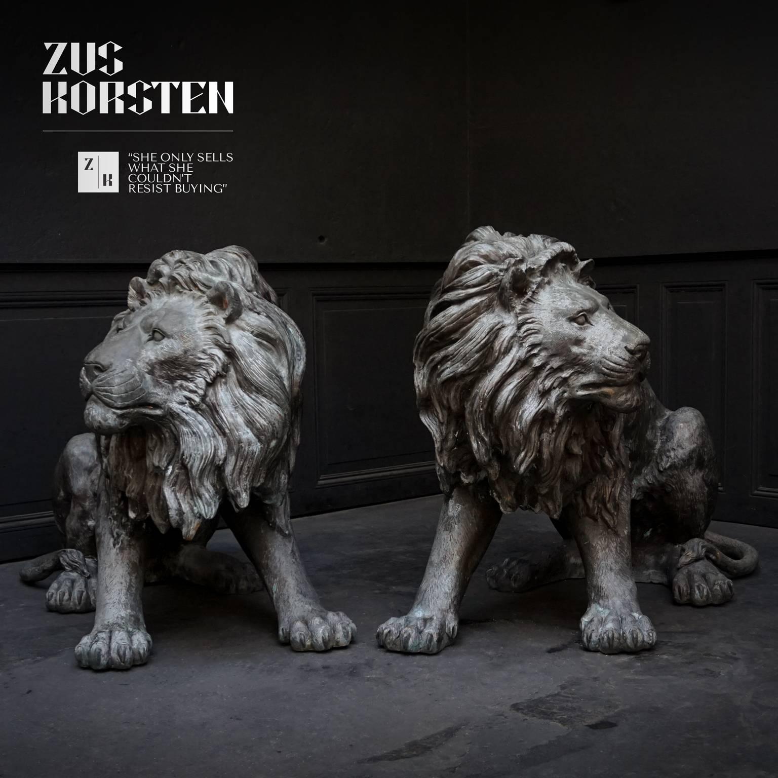 European Pair of Almost Lifesize Cast Bronze Lion Statues