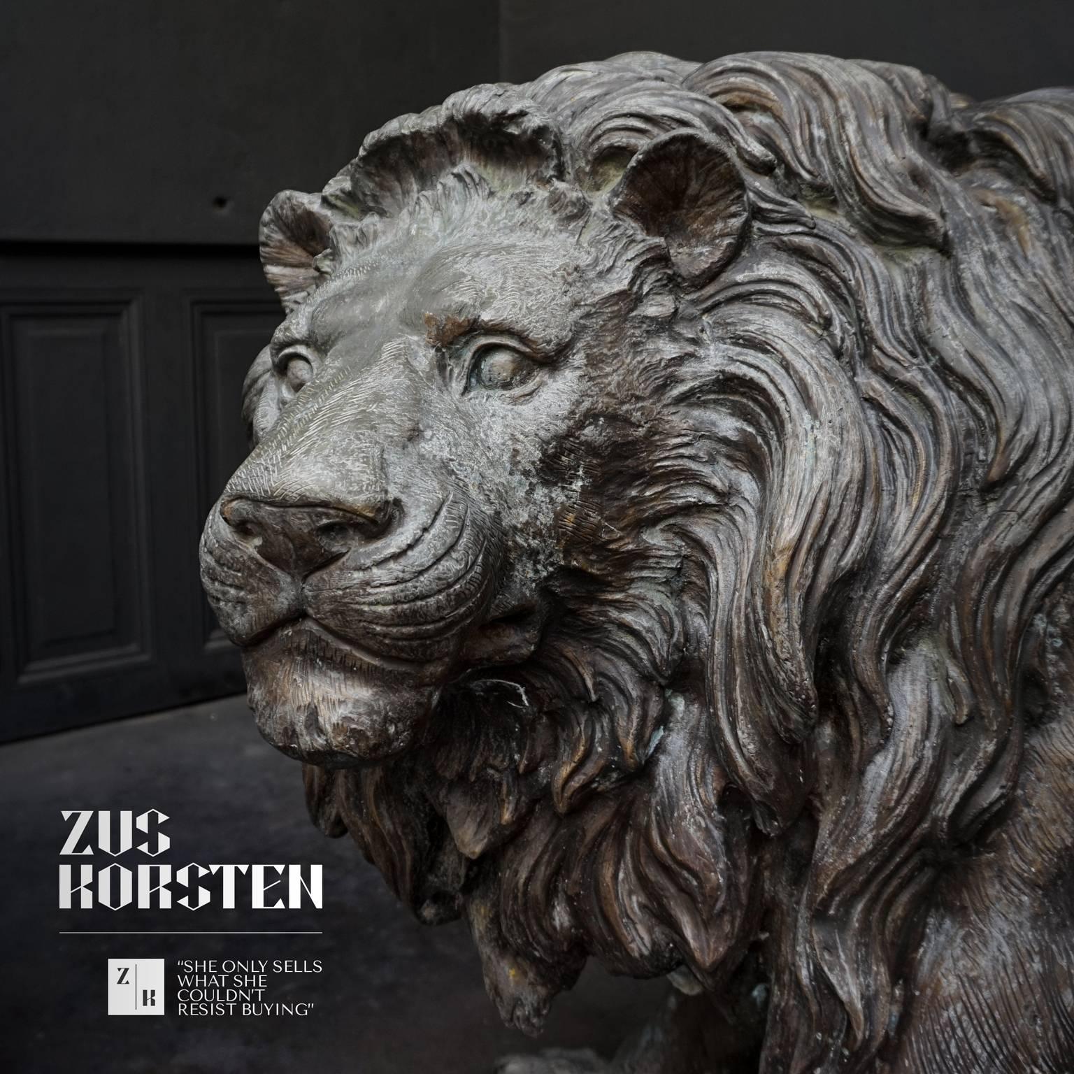 20th Century Pair of Almost Lifesize Cast Bronze Lion Statues