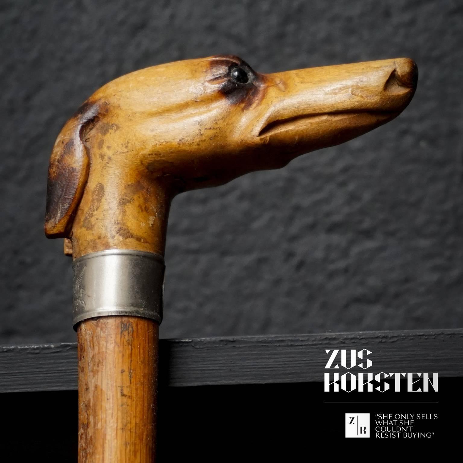 British 19th Century Faux Umbrella Carved Cork Cane with Greyhound Head