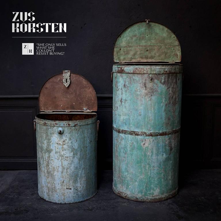 Two Large Vintage Metal Barrels For Sale at 1stdibs