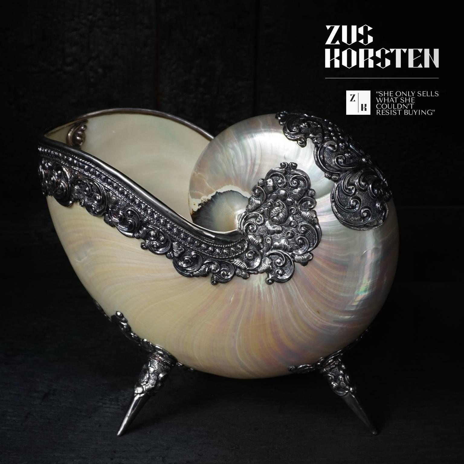 Balinese Large Pearlescent Nautilus Shell with Repoussé Silver