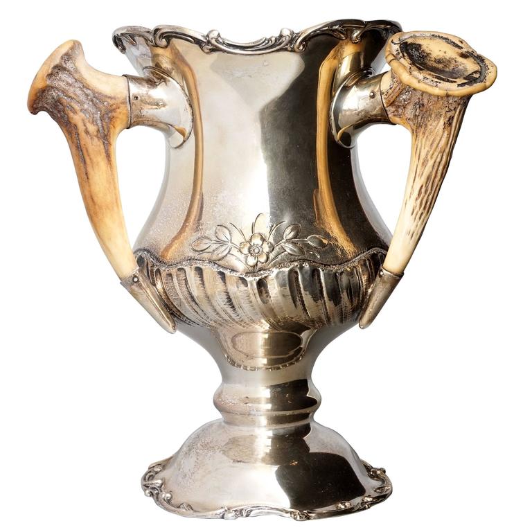 Early 20th Century Sterling Silver Trophy Cup with Antler Horn Handles