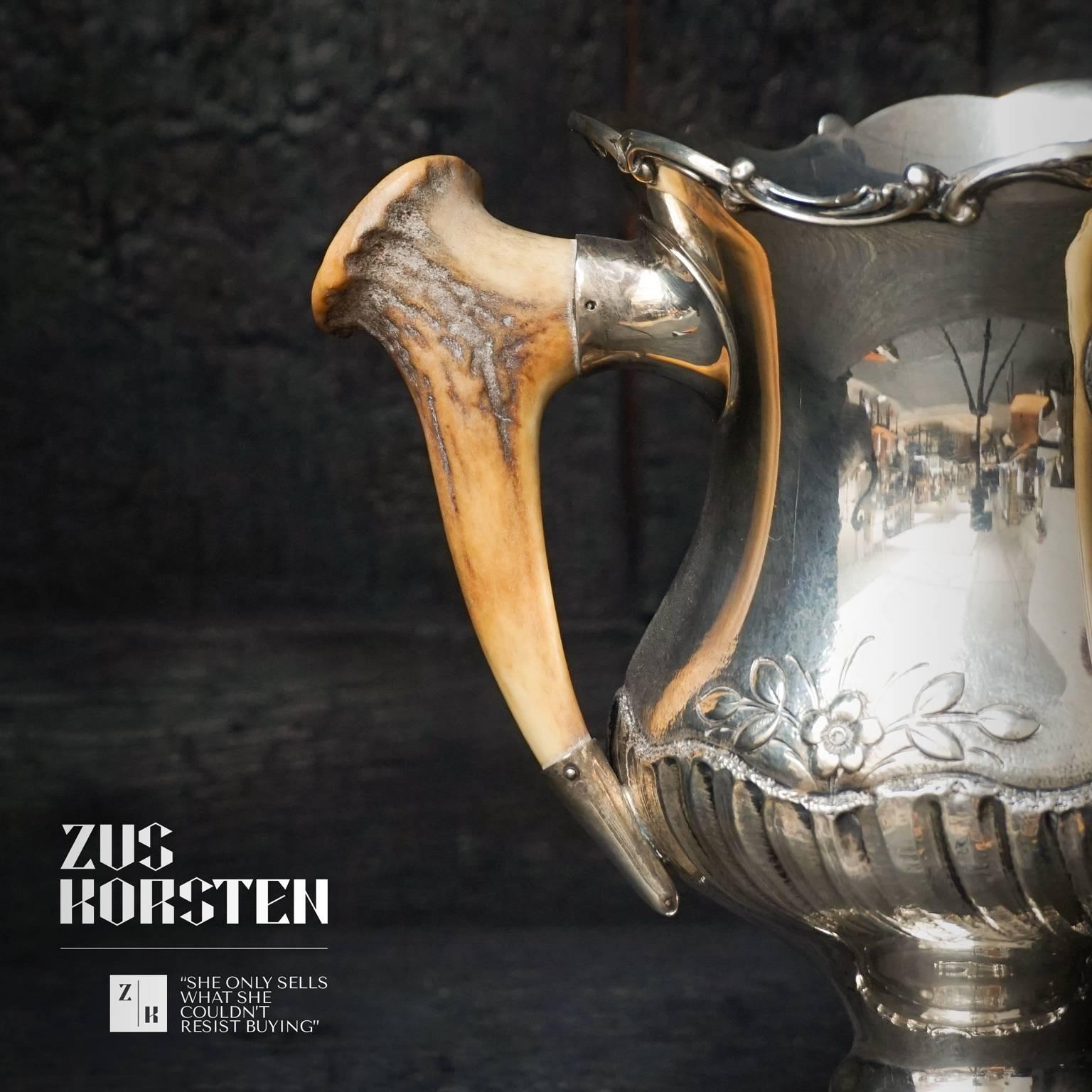 Edwardian Early 20th Century Sterling Silver Trophy Cup with Antler Horn Handles