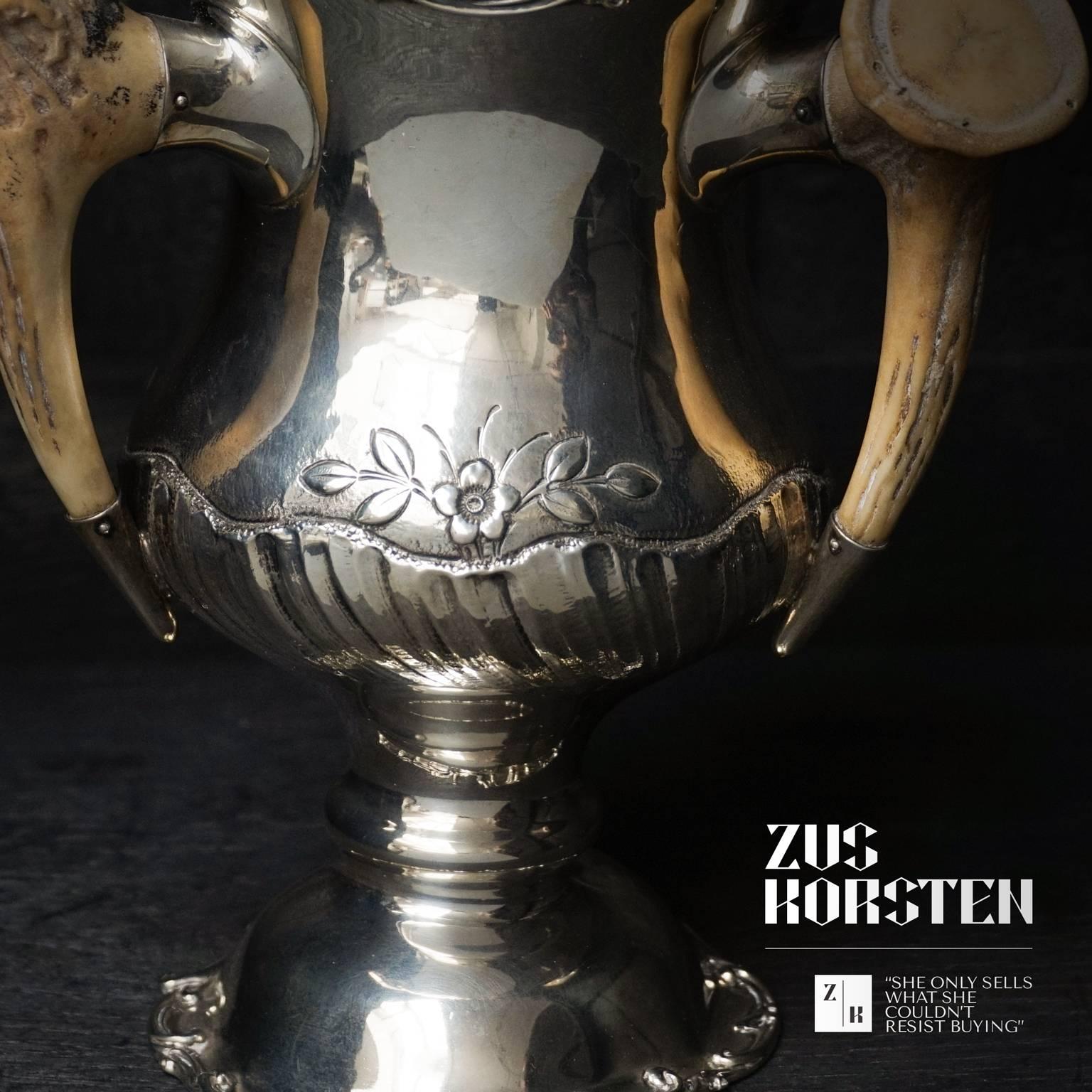 Early 20th Century Sterling Silver Trophy Cup with Antler Horn Handles 2
