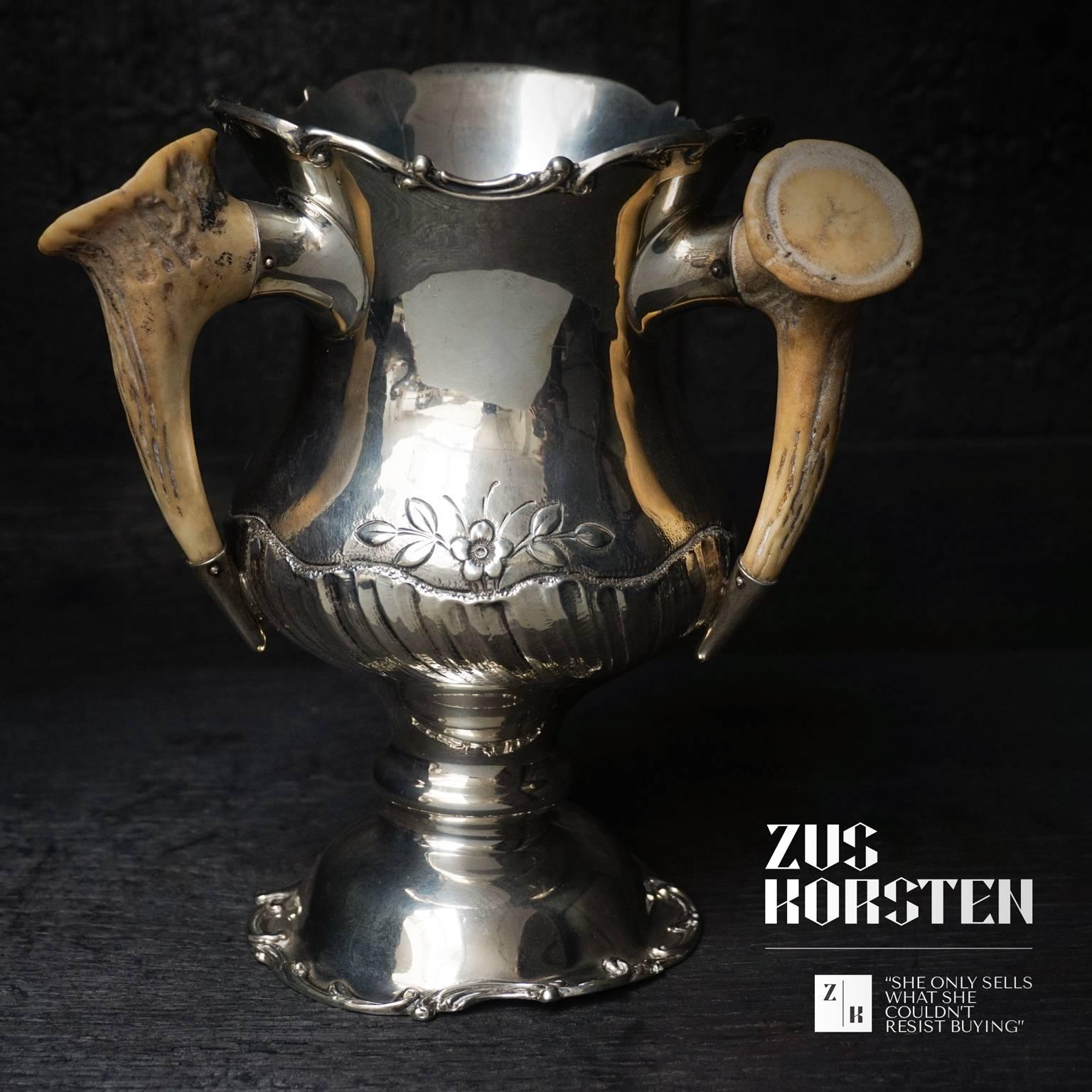 Early 20th Century Sterling Silver Trophy Cup with Antler Horn Handles 1