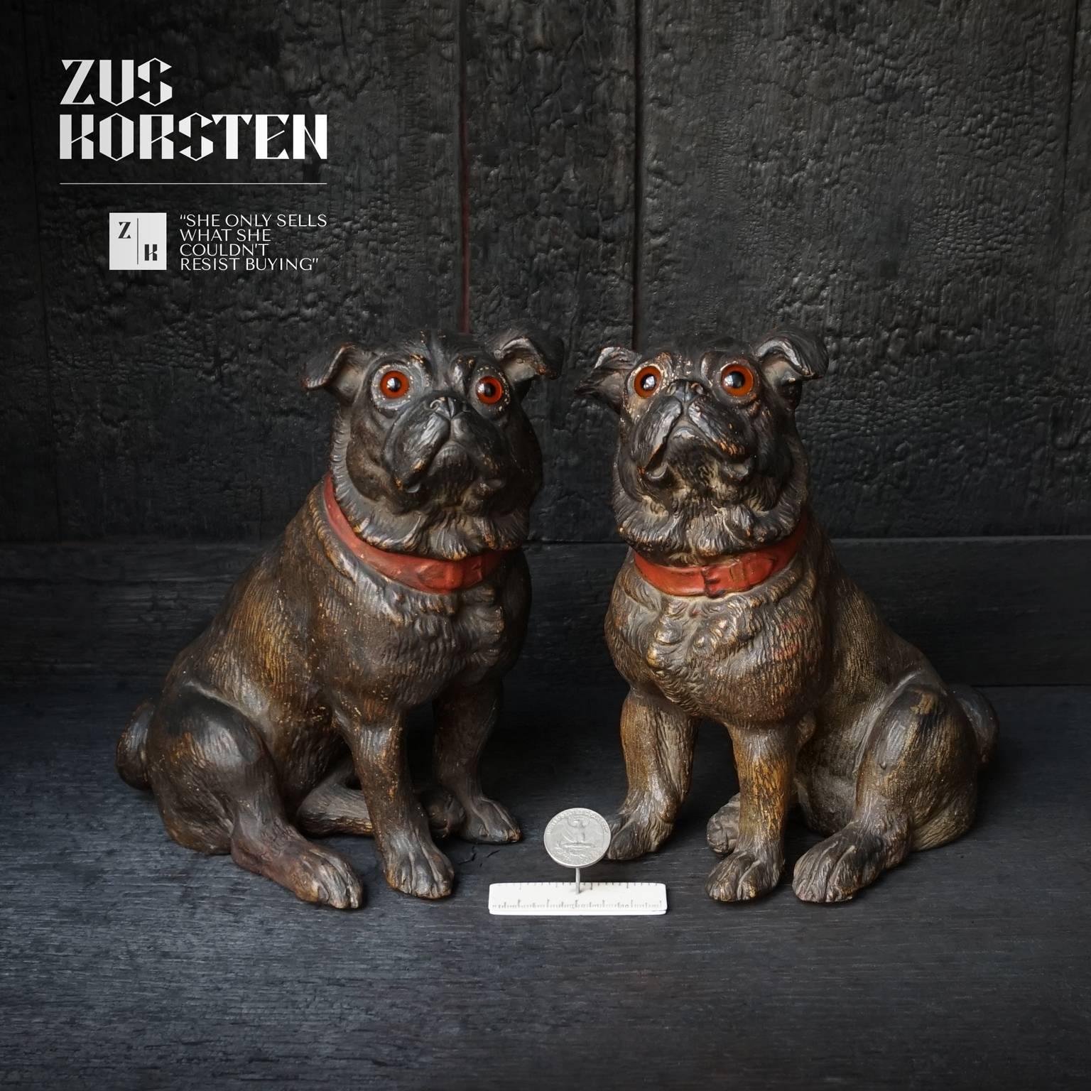 Cold-Painted Set of 19th Century Austrian Terracotta Pug Dogs