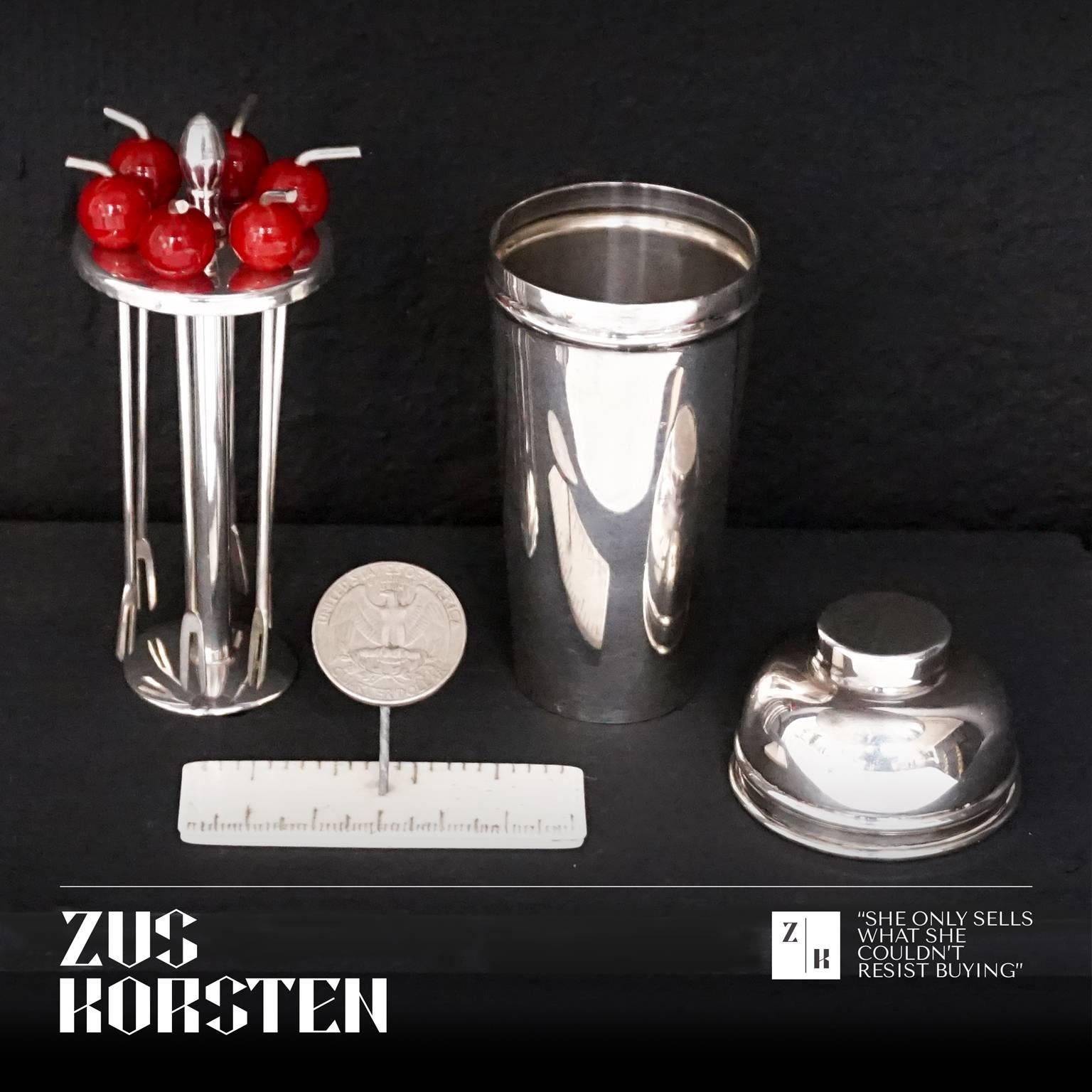 Mid-Century Modern Mini Silver Plated Cocktail Shaker with Bakelite Cherry Picks by PH Vogel & Co.