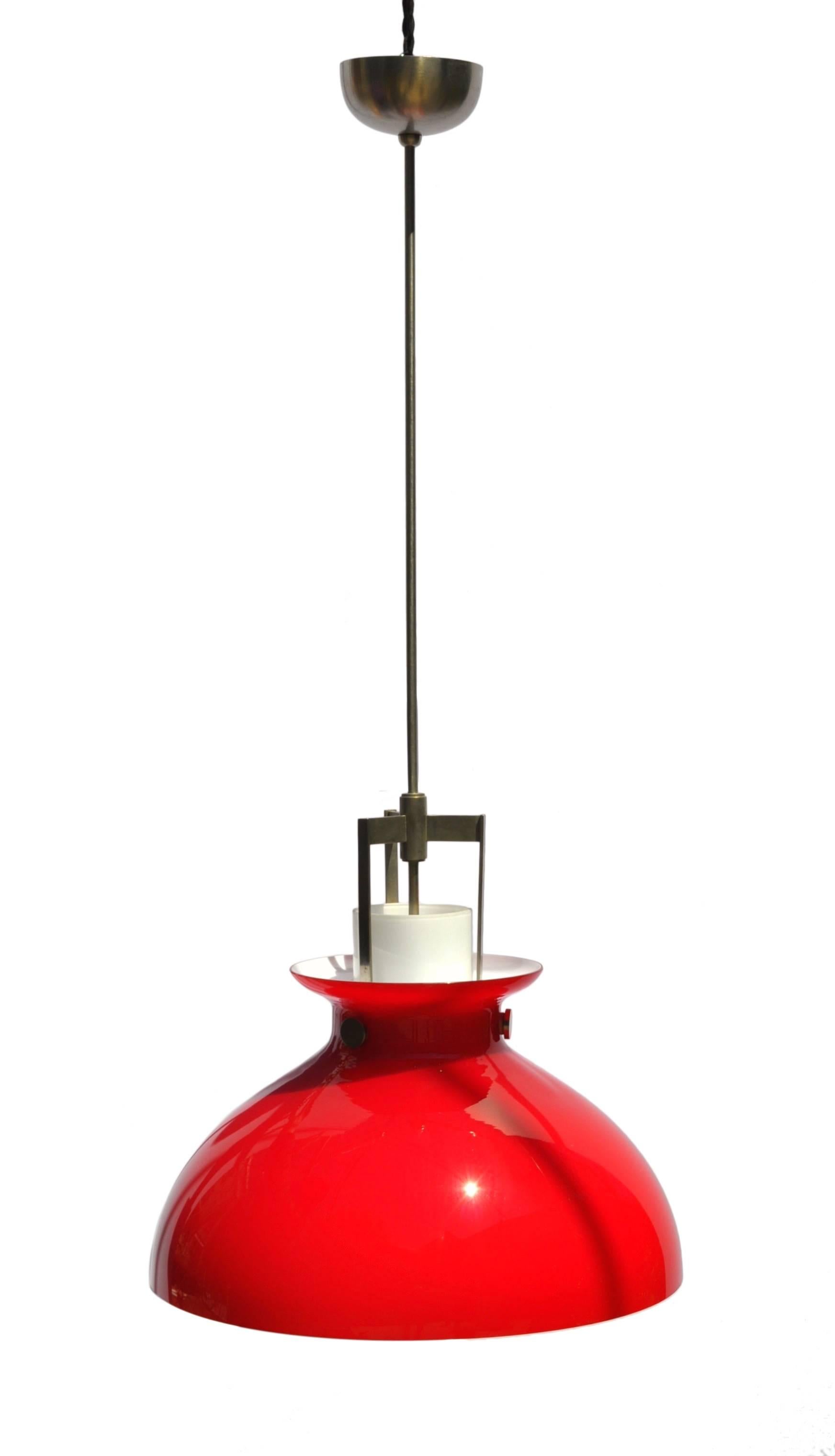Red and white cased glass with heavy white internal diffuser married to richly aged nickel-ed brass hardware.
Newly wired, socket fits one E26 bulb.
 