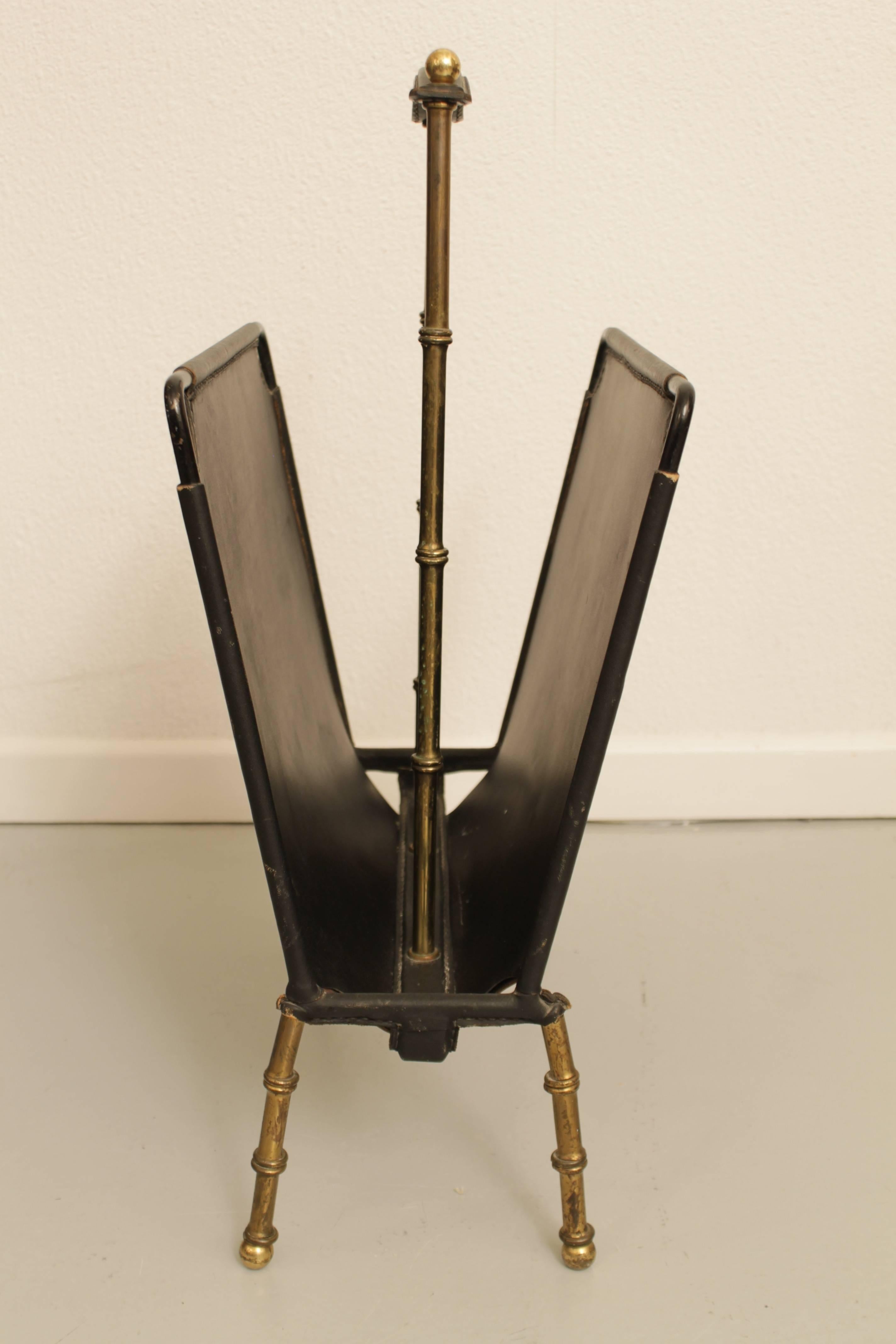 1950s Jacques Adnet Leather and Brass Magazine Rack  3