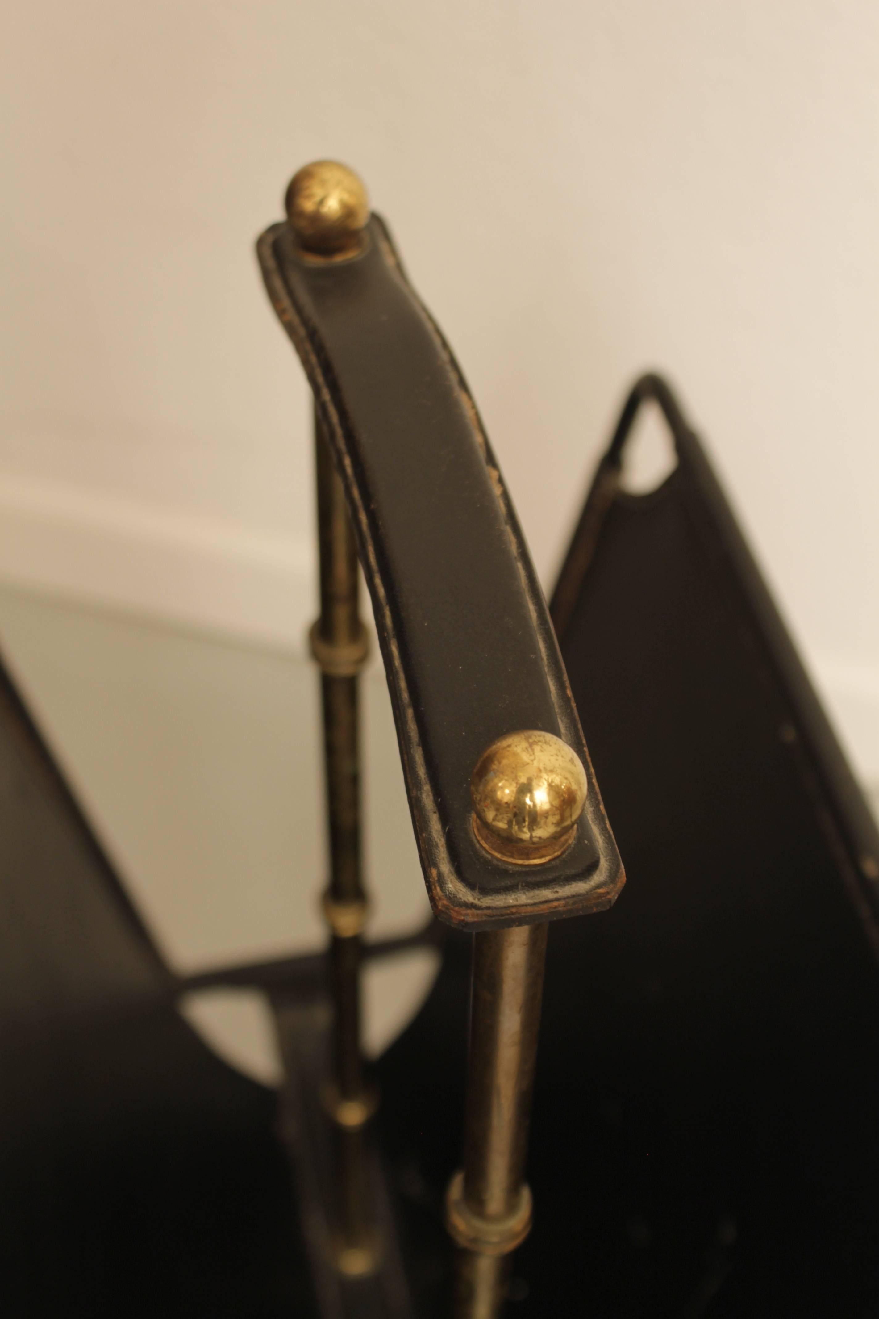 French 1950s Jacques Adnet Leather and Brass Magazine Rack 
