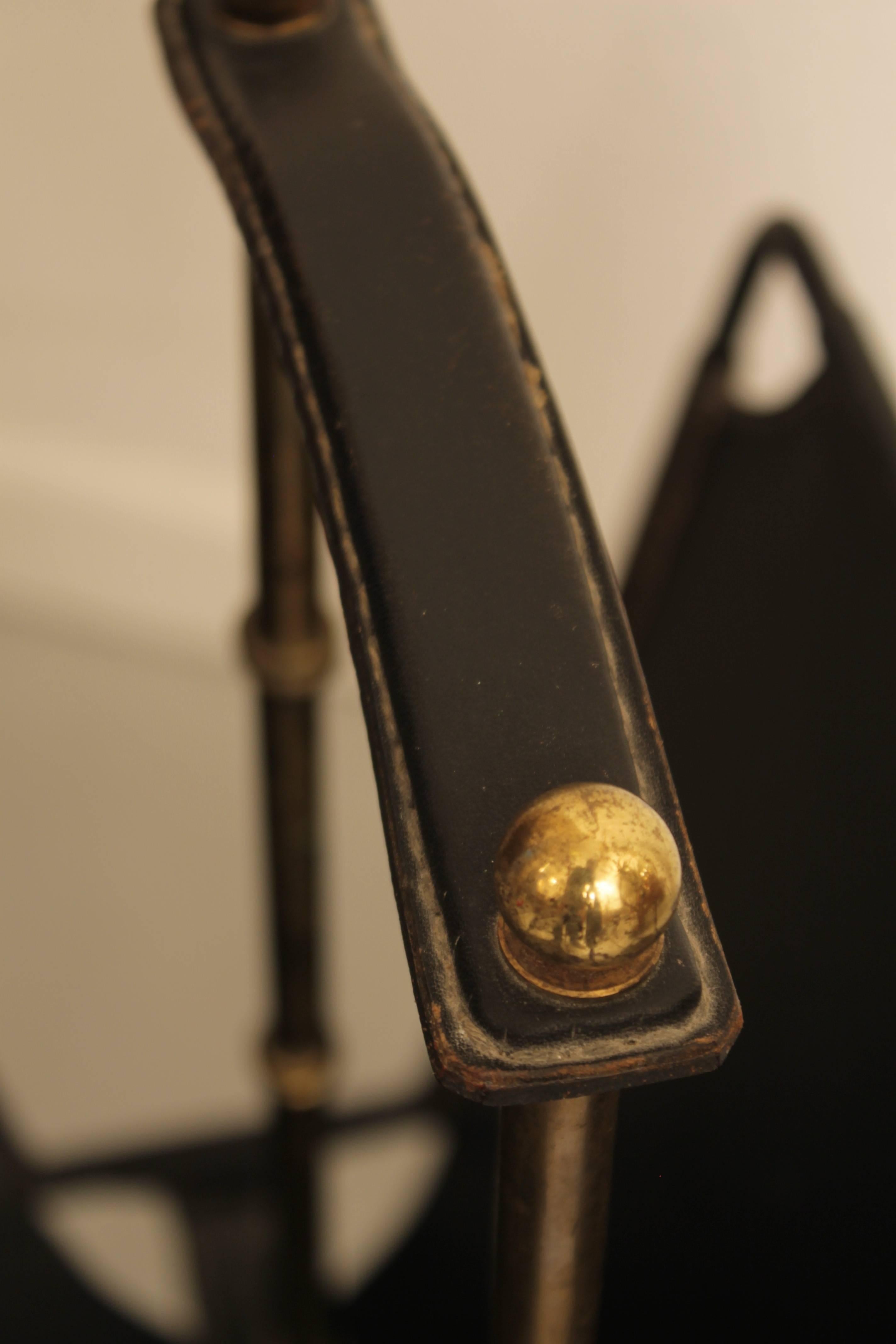 1950s Jacques Adnet Leather and Brass Magazine Rack  In Excellent Condition In Geneva, CH