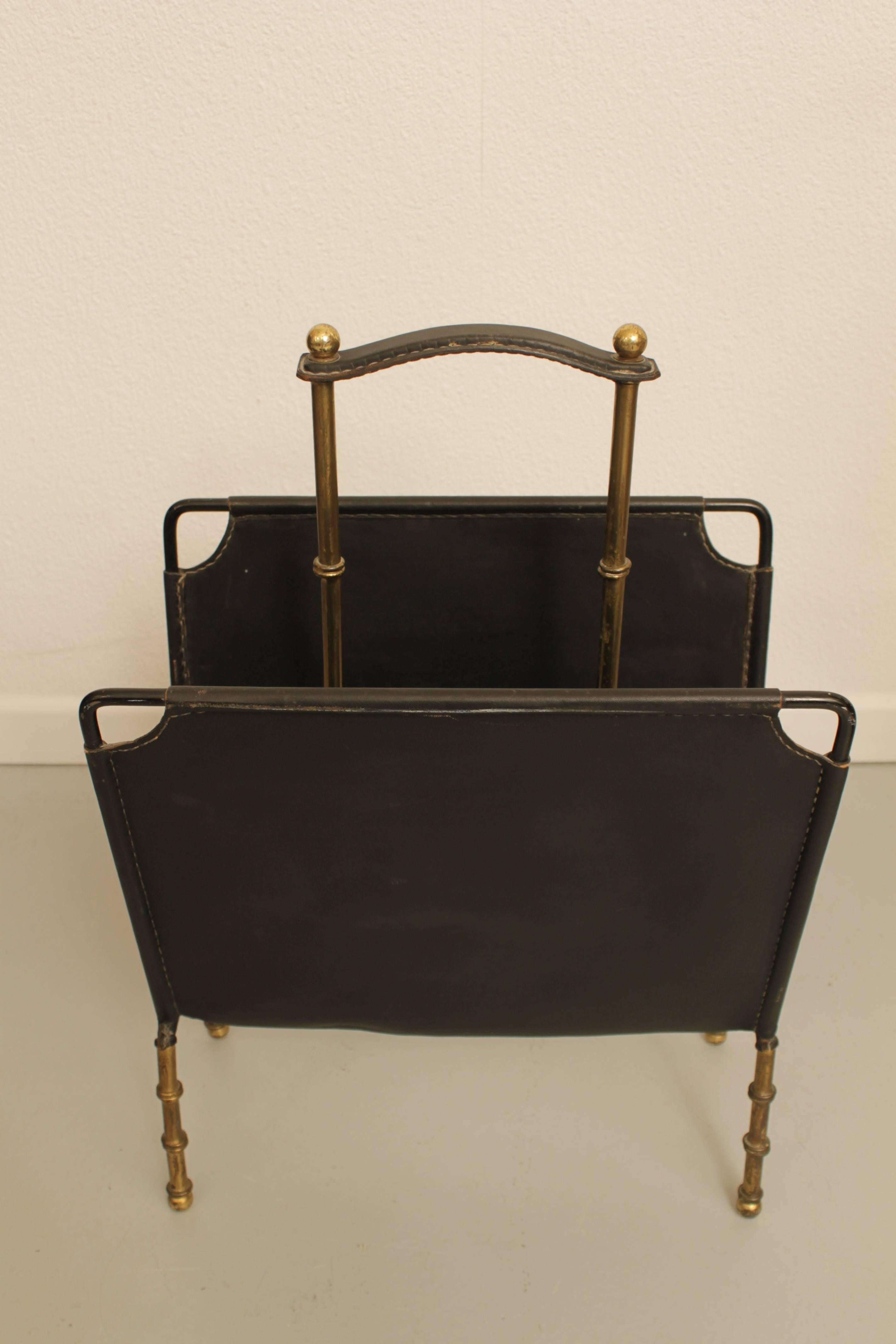 1950s Jacques Adnet Leather and Brass Magazine Rack  1