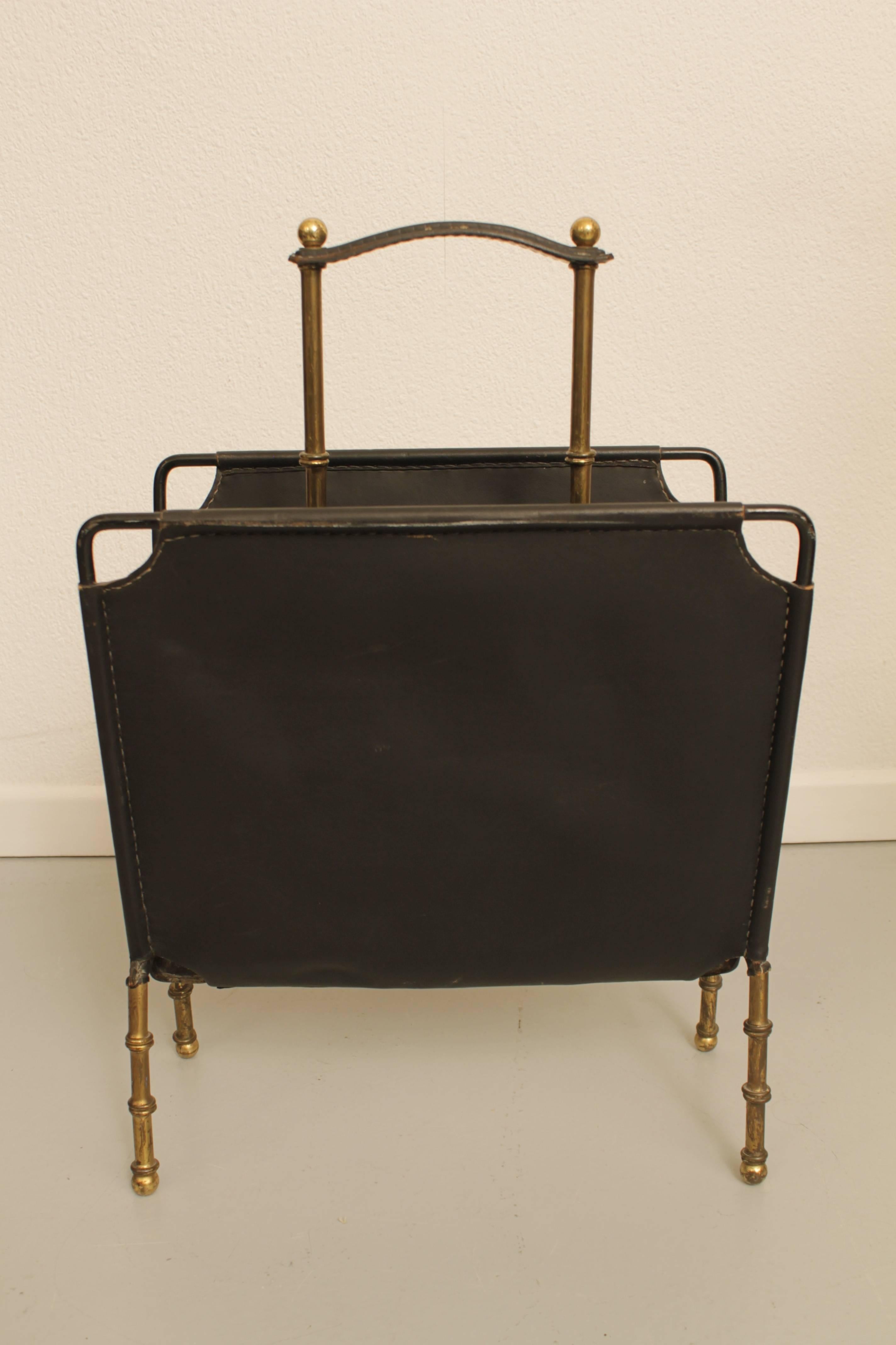 1950s Jacques Adnet Leather and Brass Magazine Rack  2