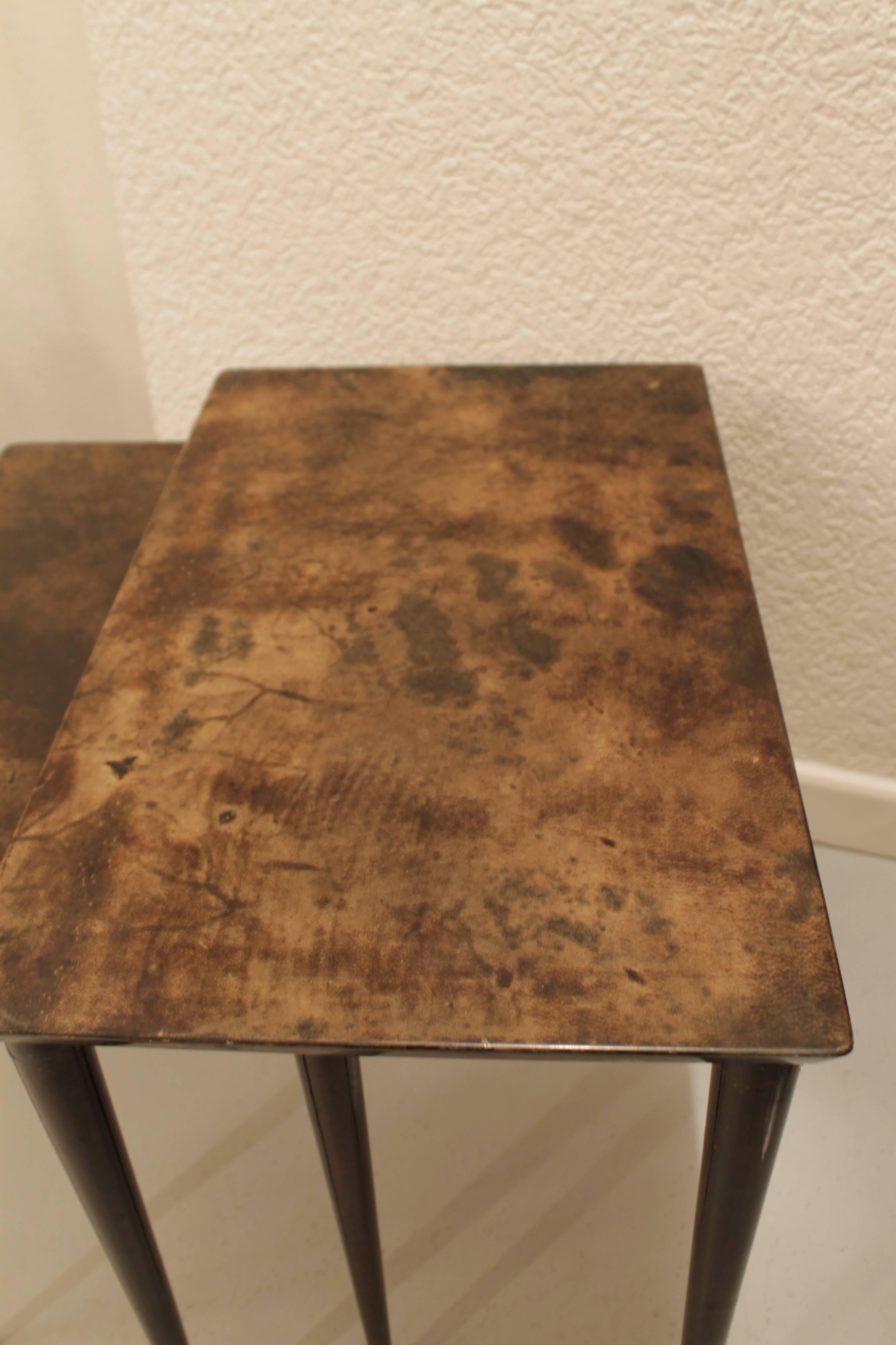 Two goatskin side tables by Aldo Tura
Few damages on the varnish.
