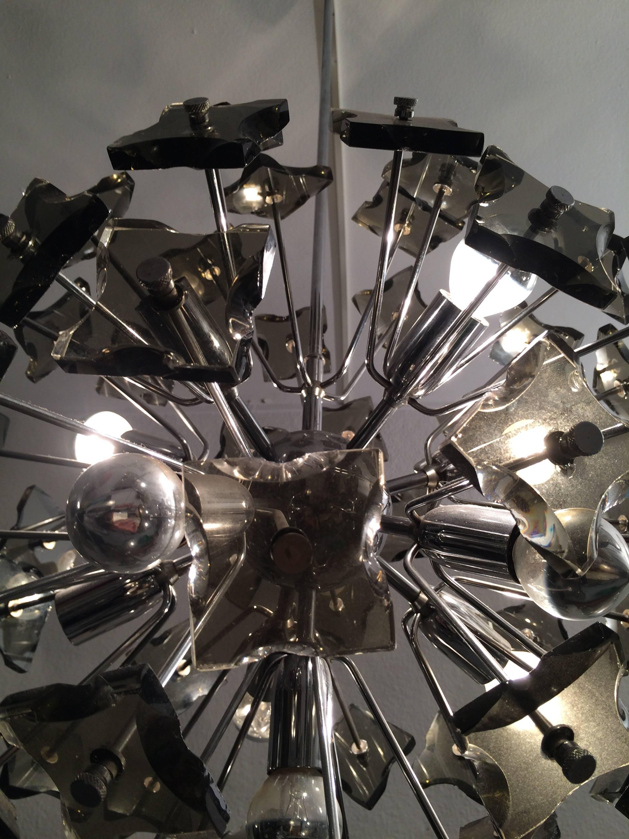 Italian Sputnik Smoked Glass and Chrome Ceiling Lamp