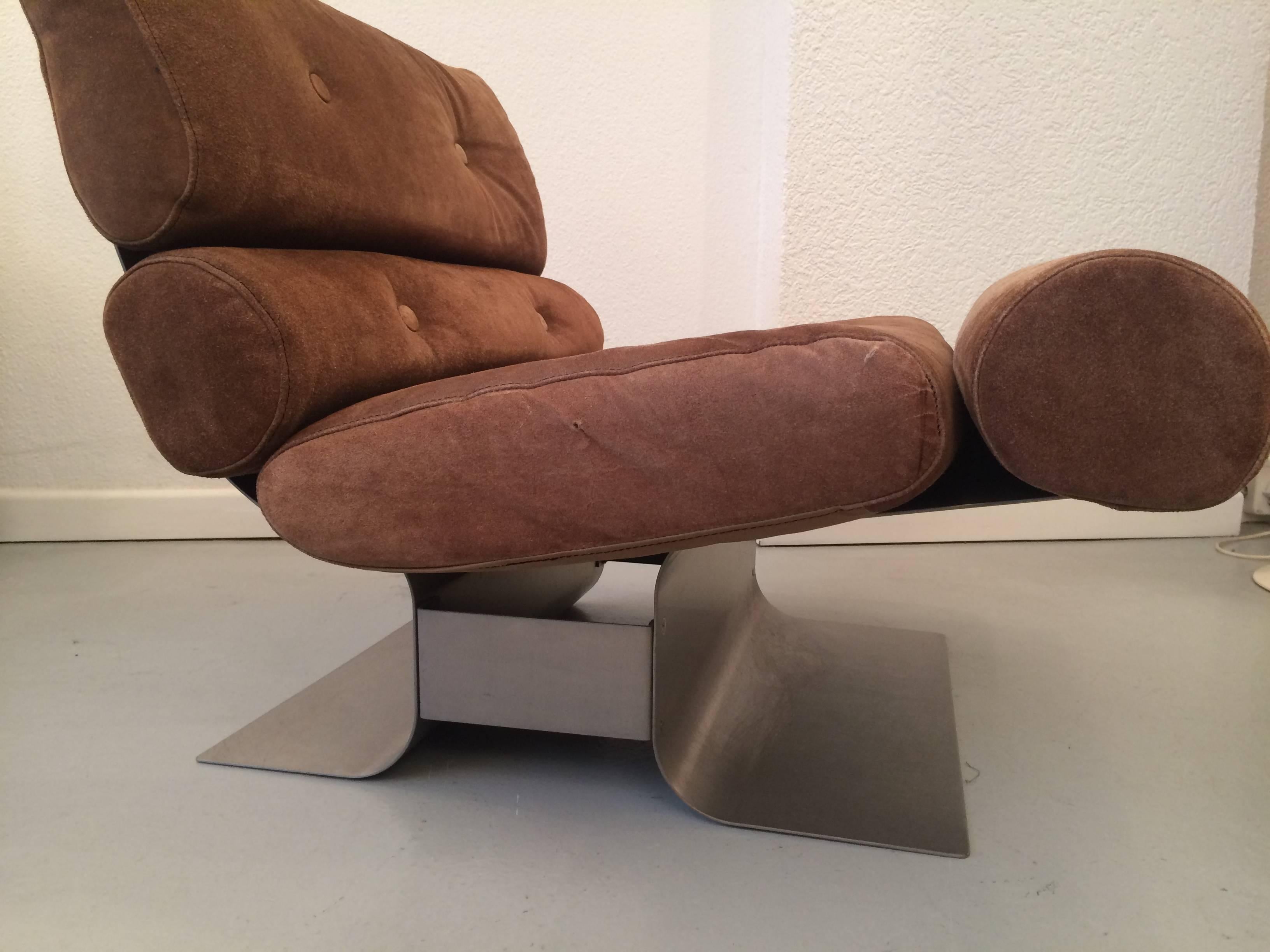 French François Monnet Steel and Suede Lounge Chair