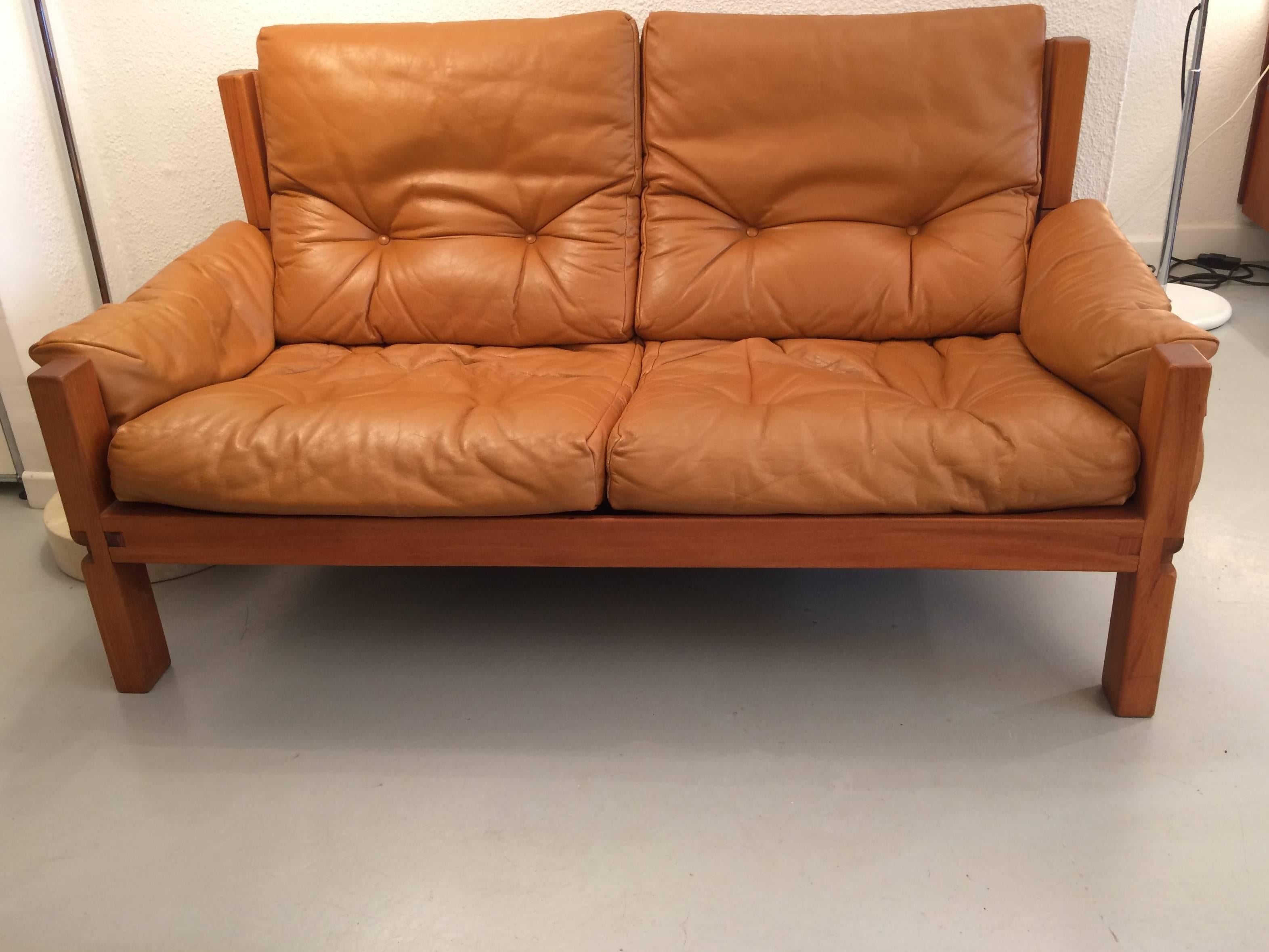 French Two-Seat Sofa by Pierre Chapo Solid Elm and Cognac Leather
