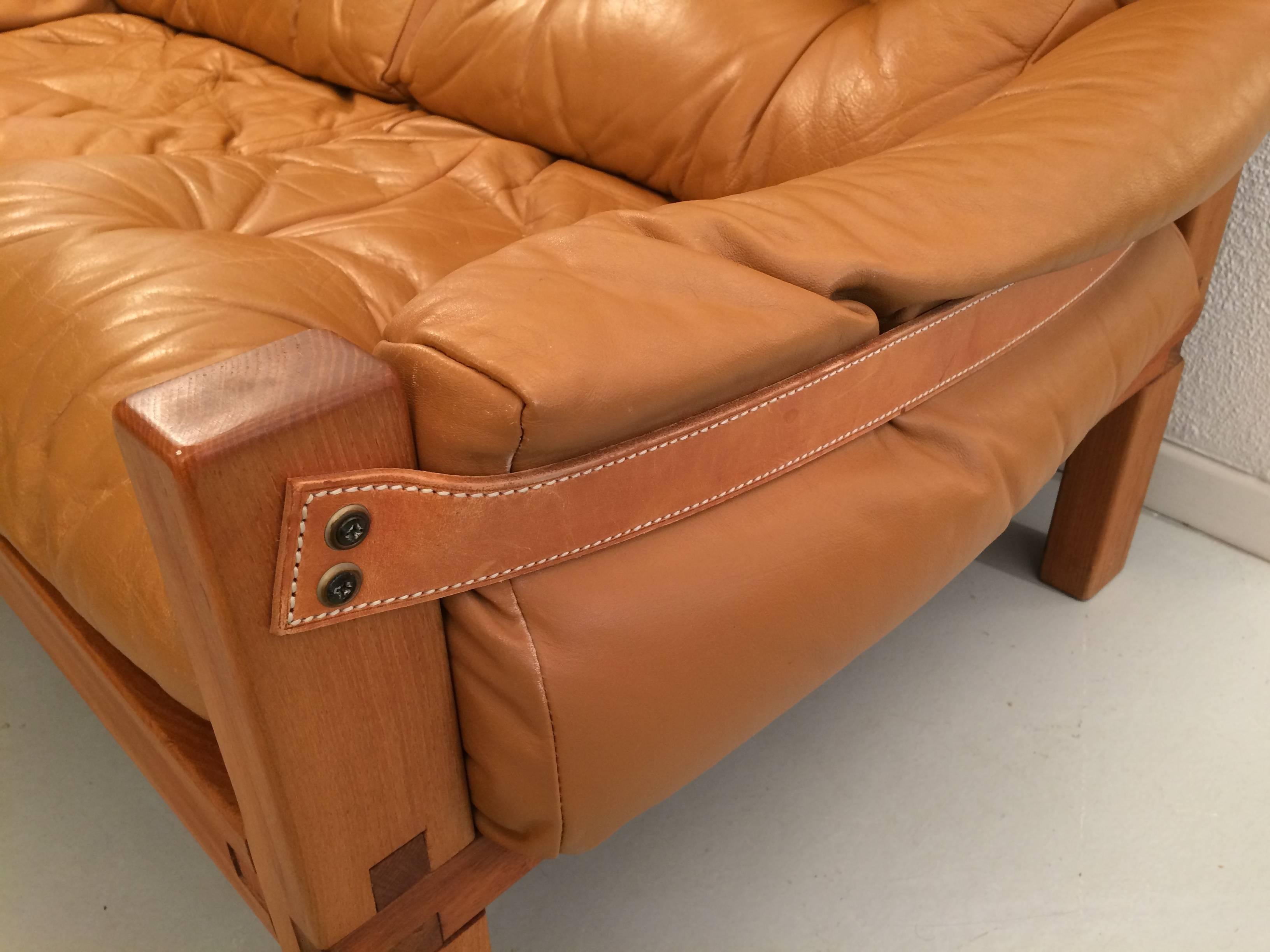 Mid-20th Century Two-Seat Sofa by Pierre Chapo Solid Elm and Cognac Leather