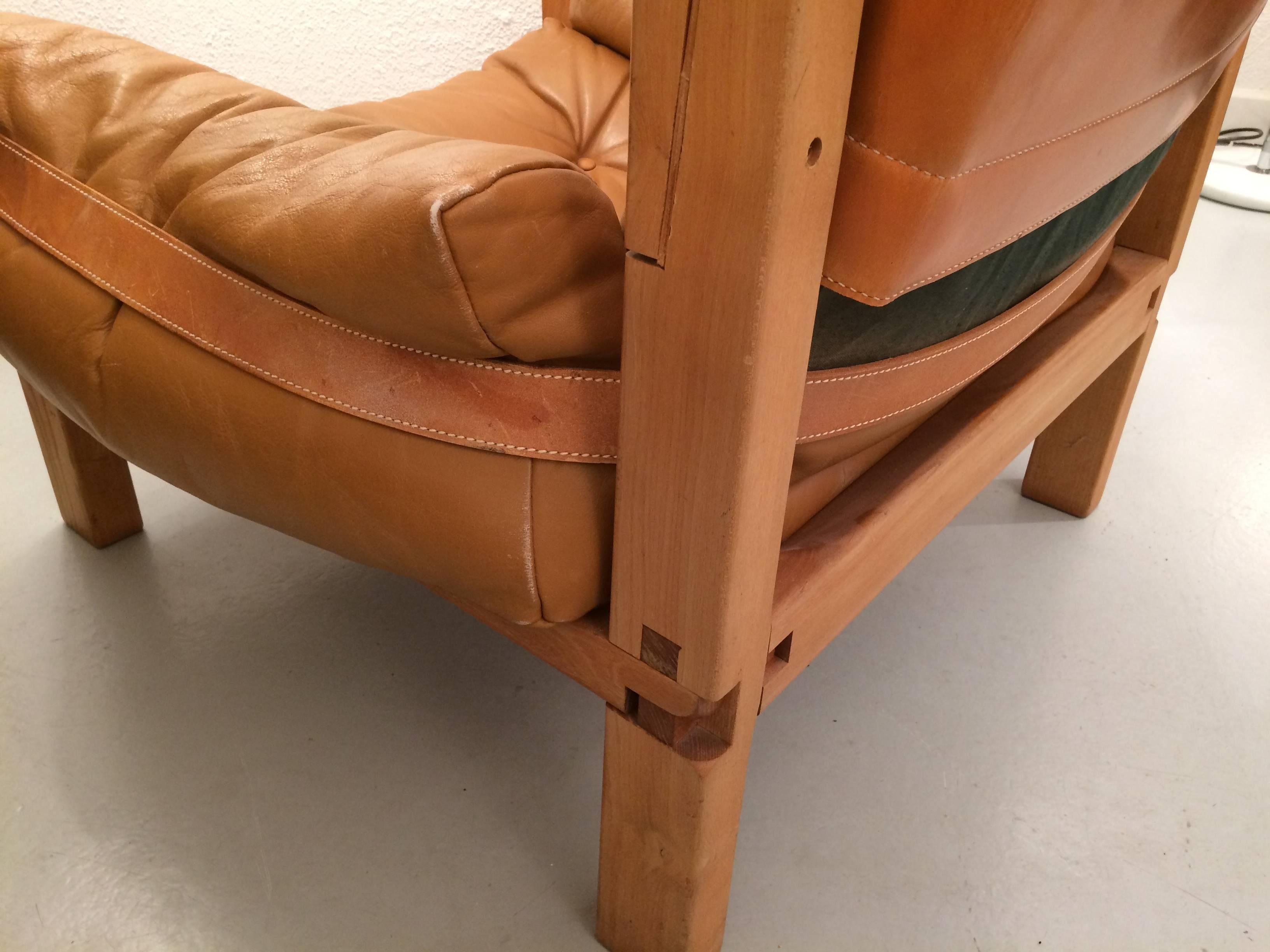 Mid-20th Century Vintage Solid Elm and Cognac Leather Armchair by Pierre Chapo