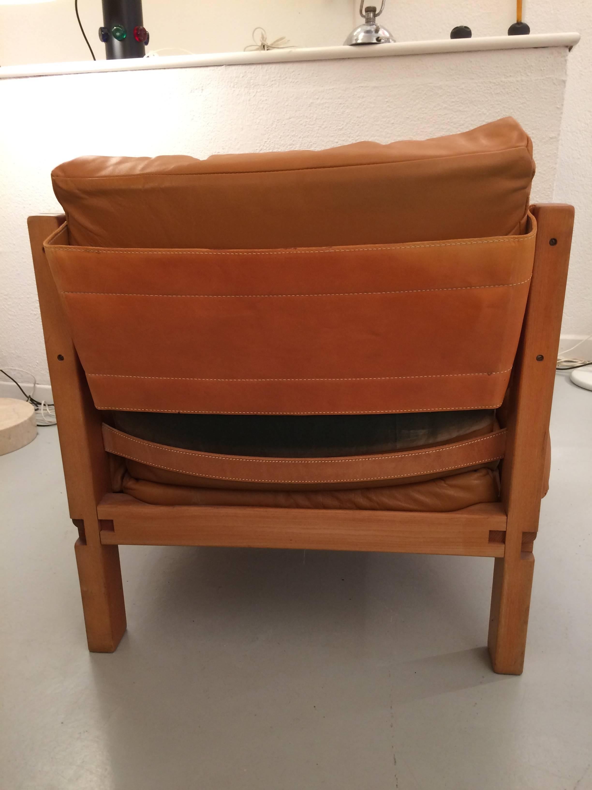 Vintage Solid Elm and Cognac Leather Armchair by Pierre Chapo 1