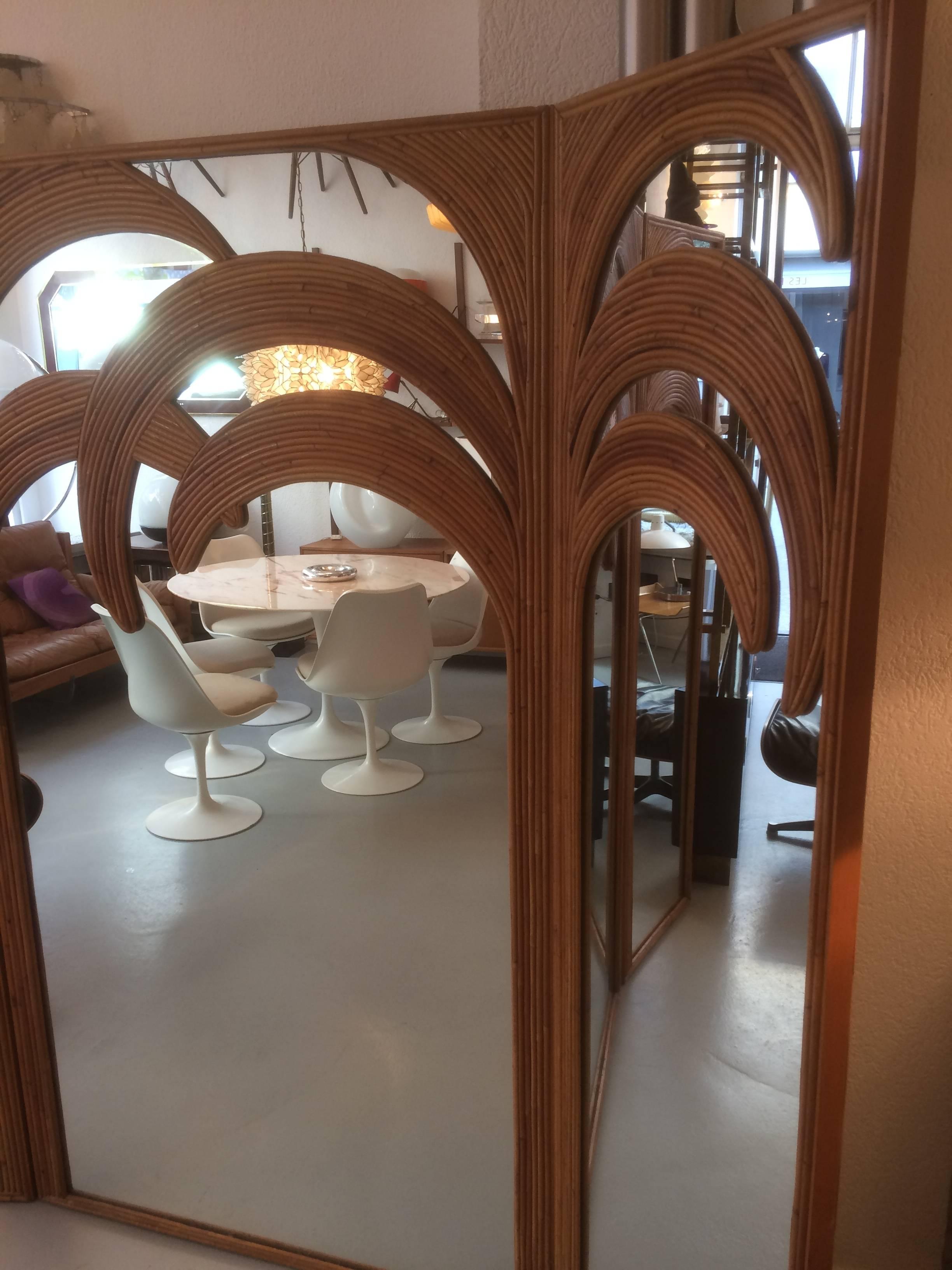 Italian Rattan Palm Tree Mirror Folding Screen